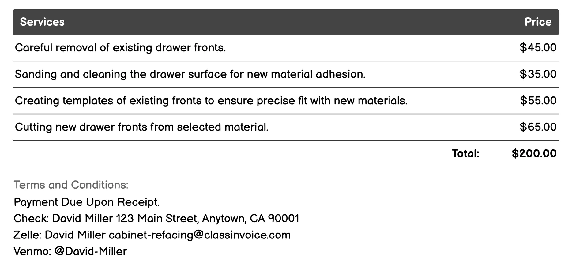 Drawer Front Update Invoice Example