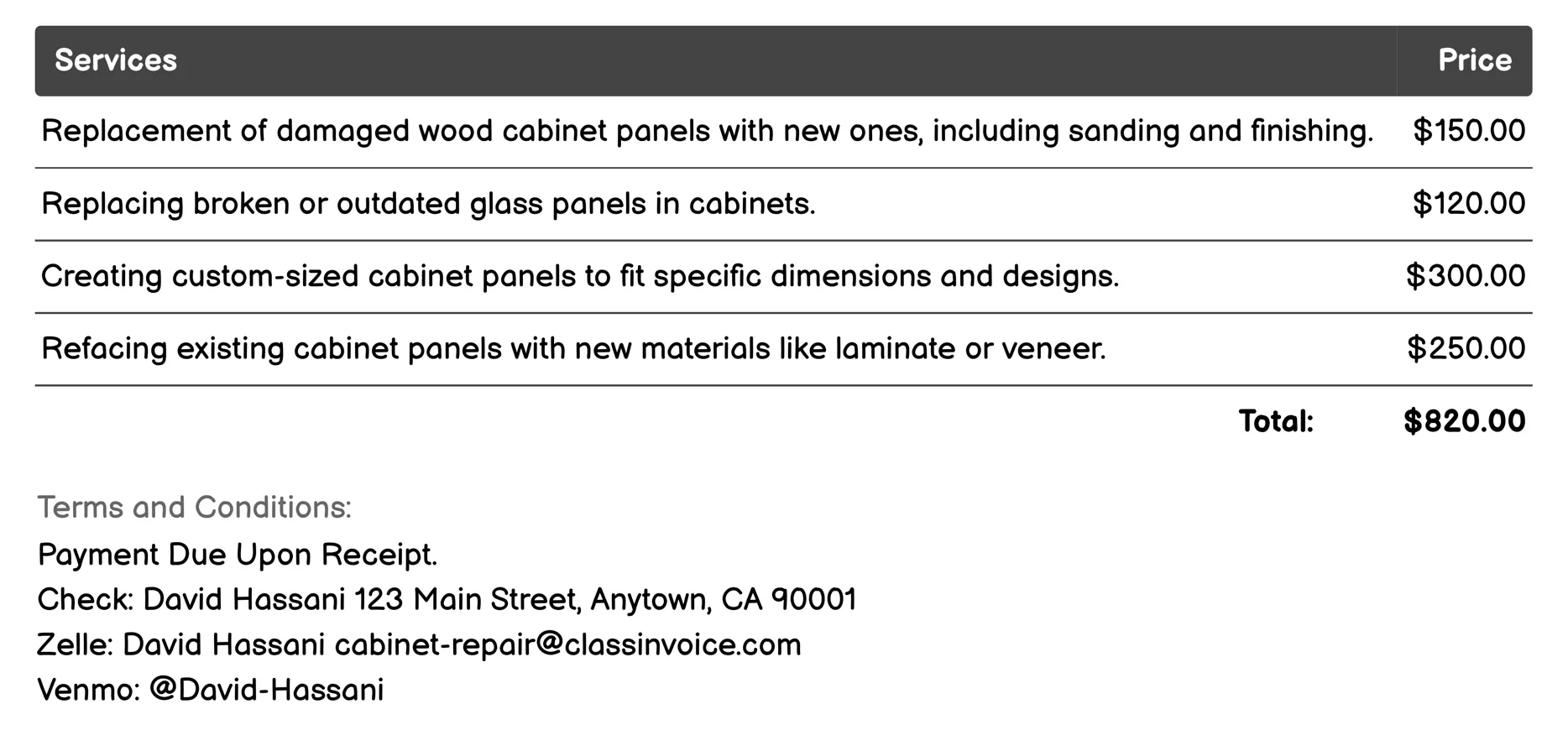 Panel Replacement Invoice Example