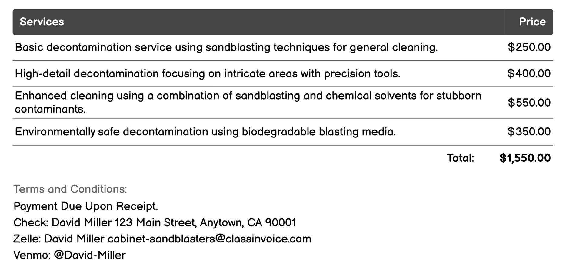 Decontamination Invoice Example
