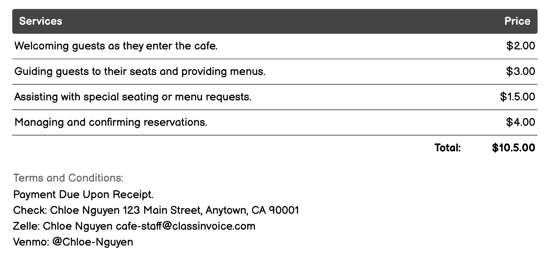 Host/Hostess Invoice Example