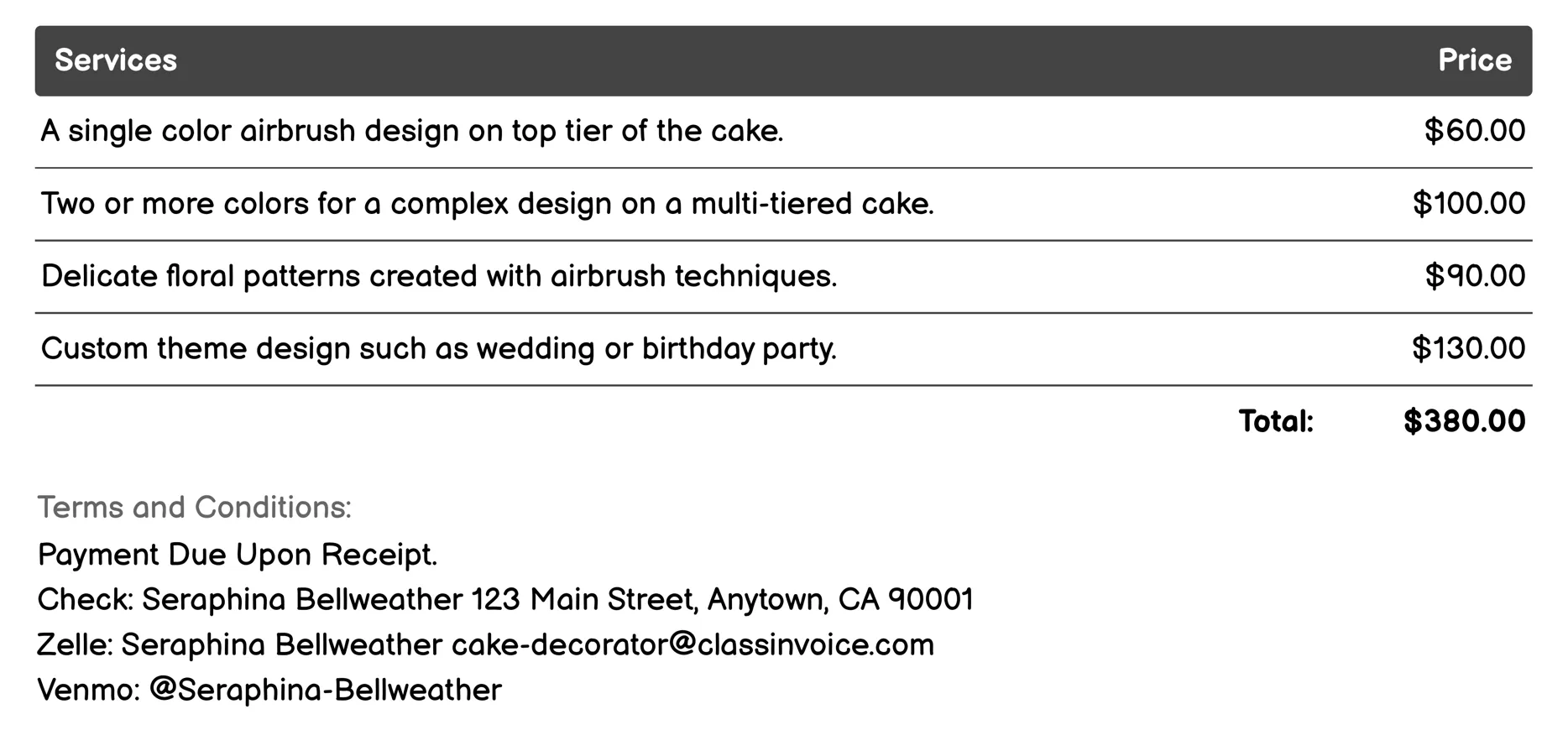 Airbrush Cake Artistry Invoice Example