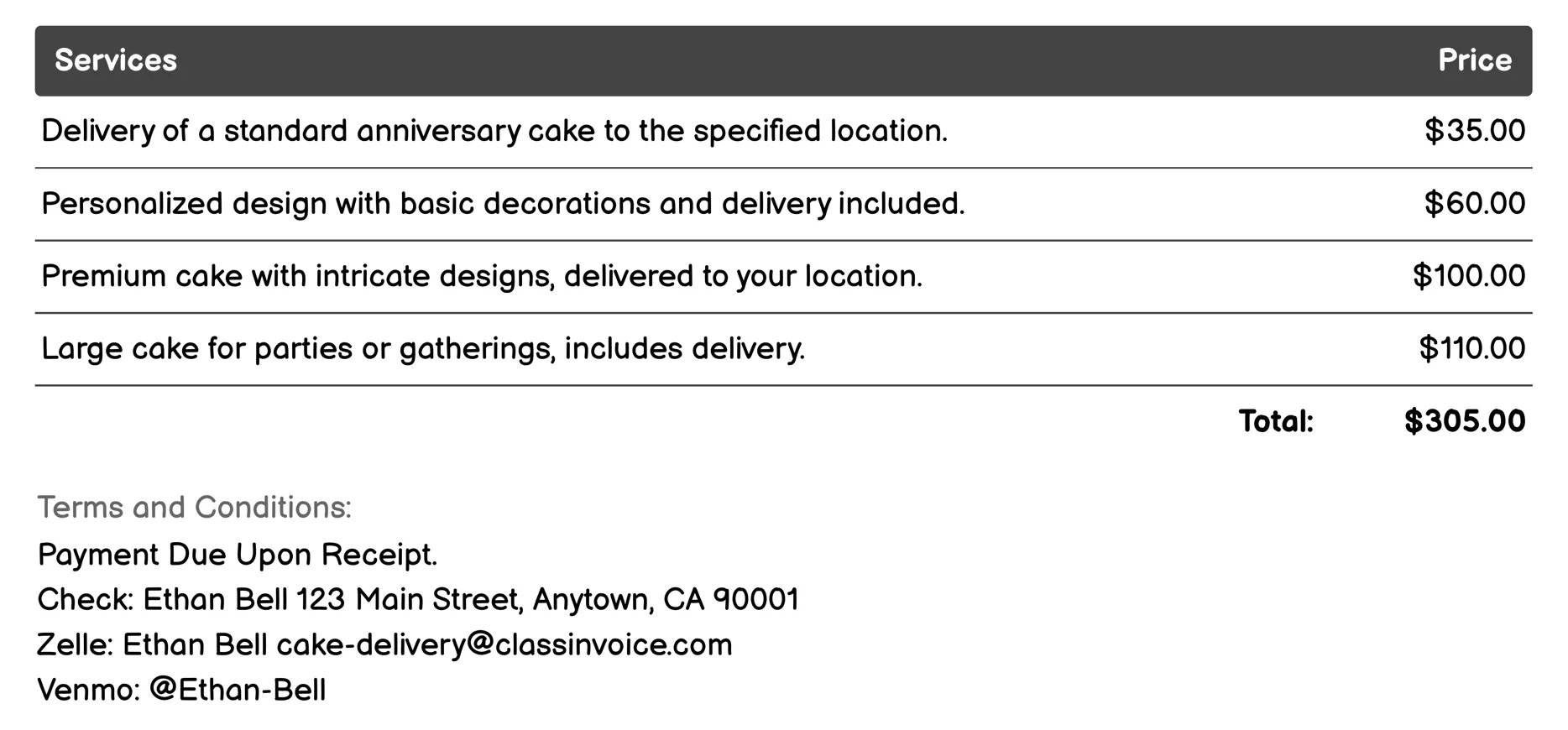 Anniversary Cake Delivery Invoice Example