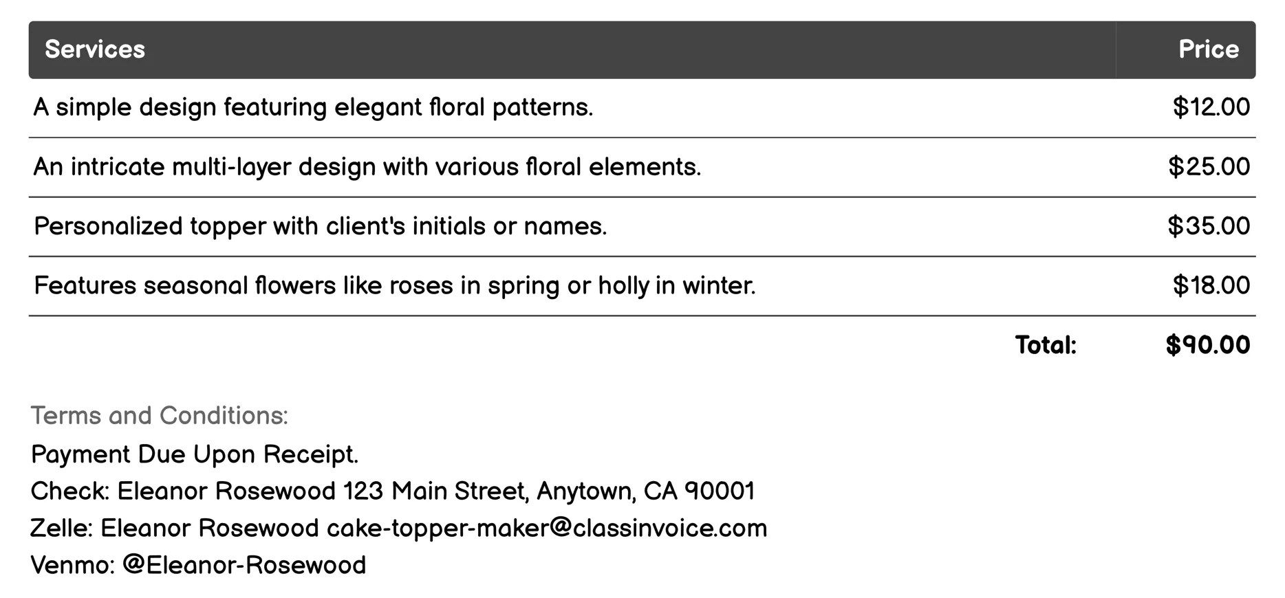 Elegant Floral Cake Toppers Invoice Example