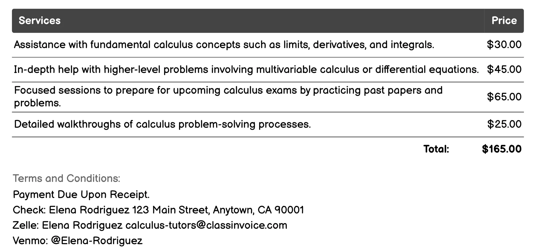 Homework Assistance Invoice Example