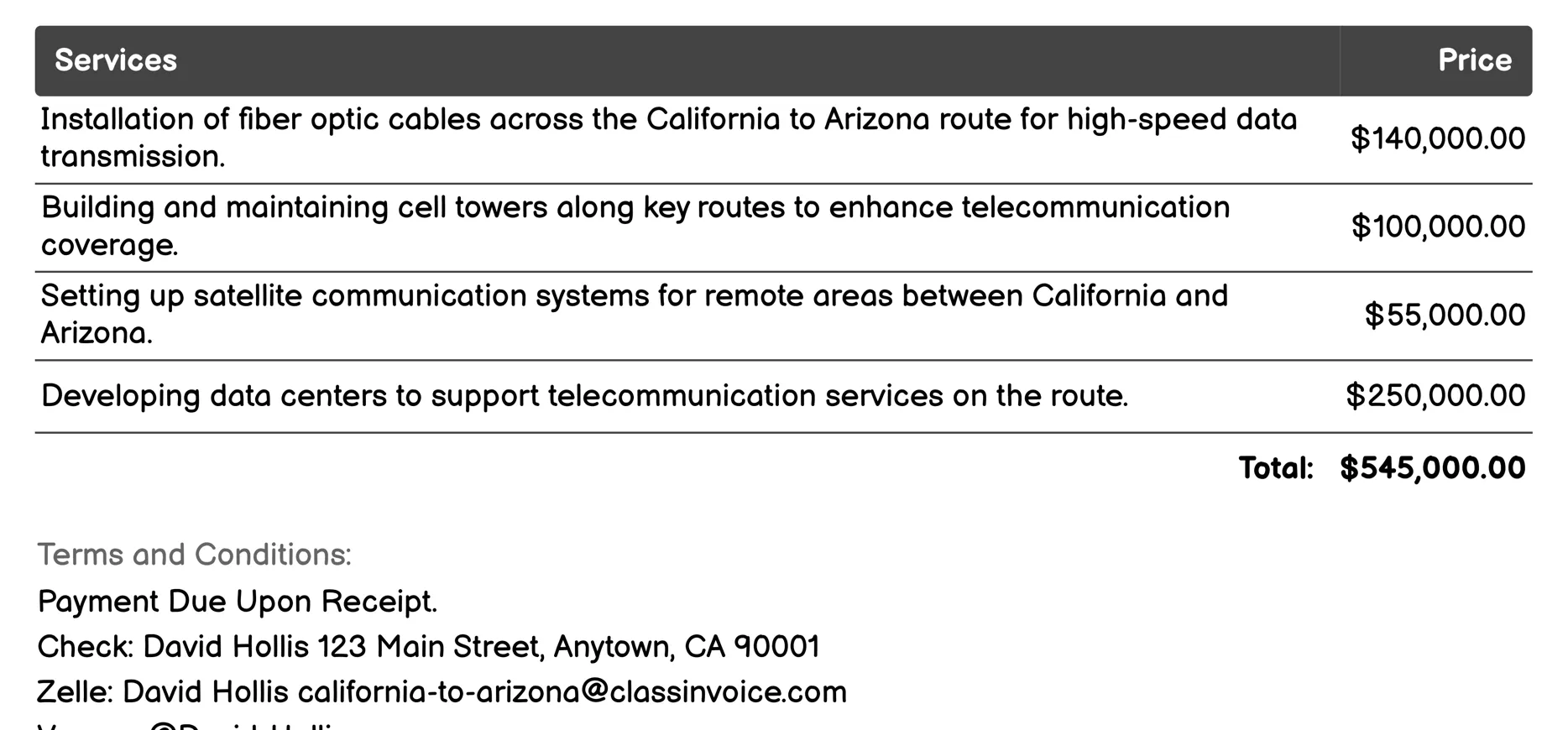 Telecommunication Services Invoice Example