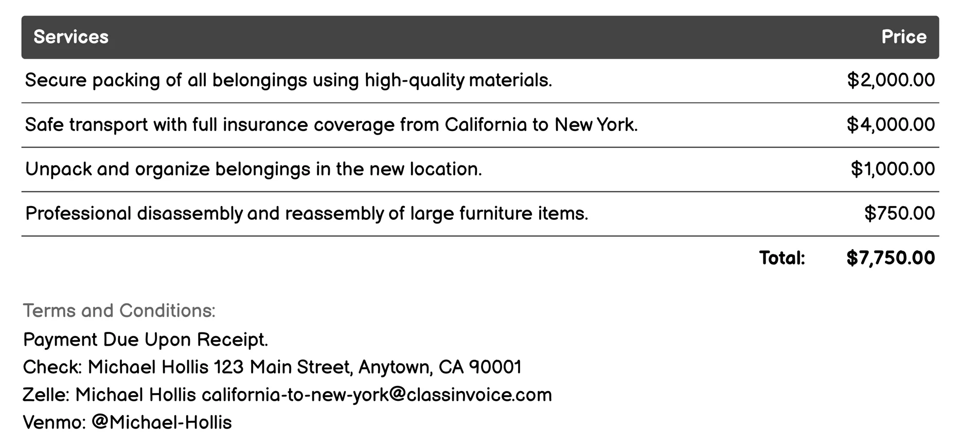 Disaster Recovery Moving Services Invoice Example