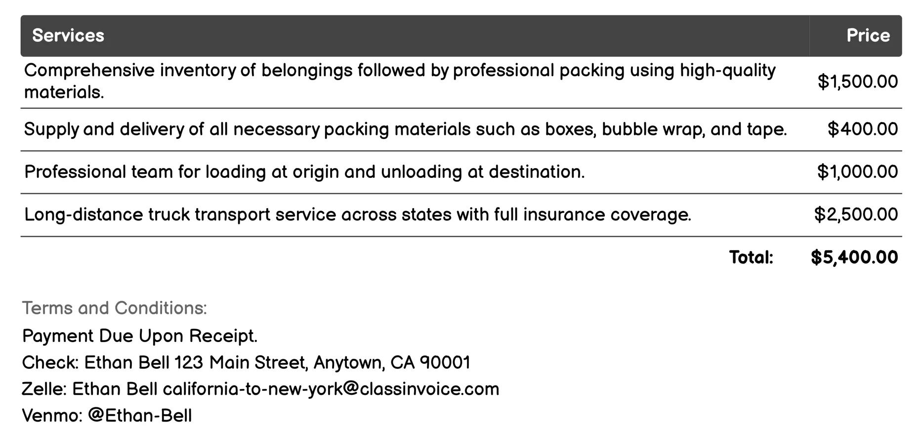 Full-Service Move Management Invoice Example