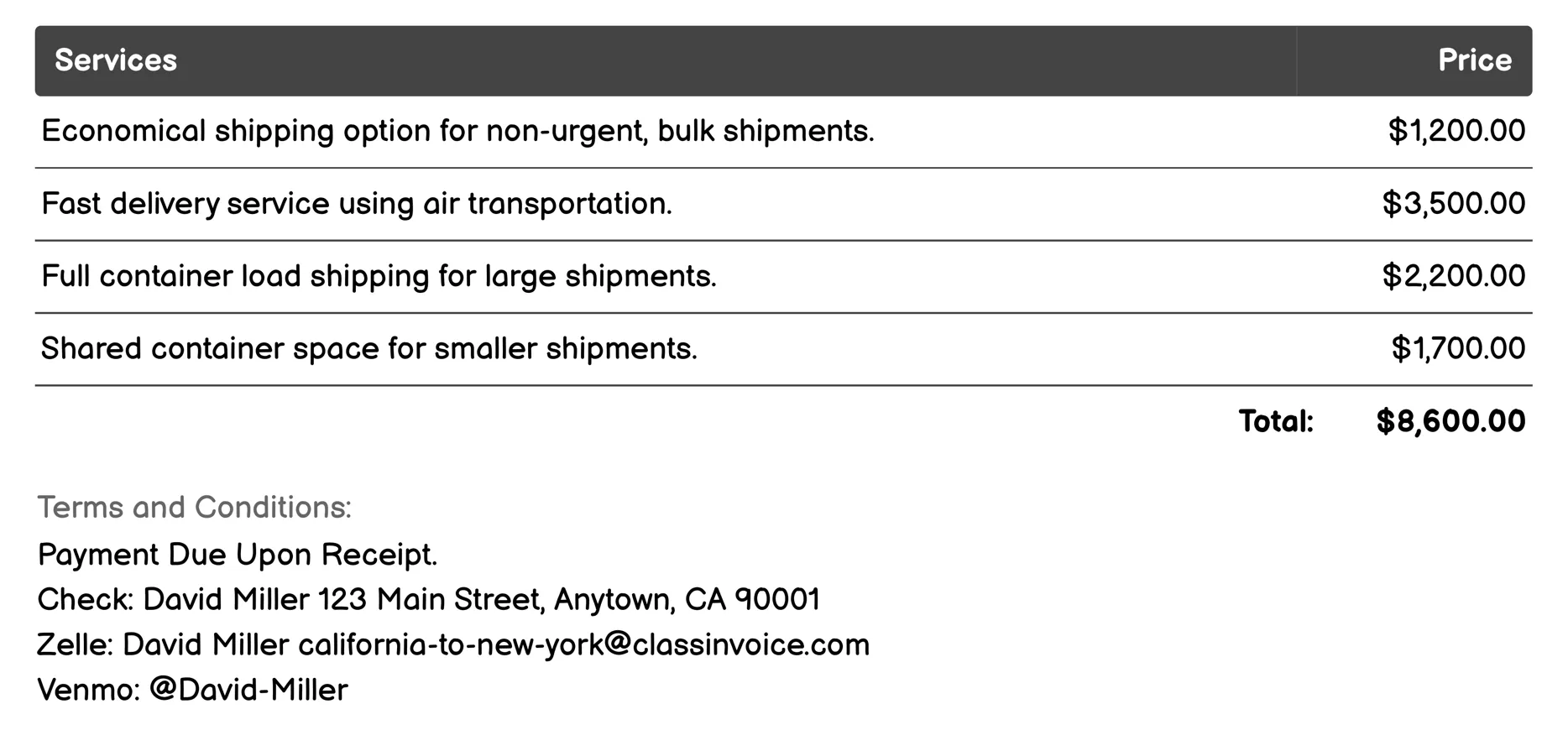 International Shipping Services Invoice Example