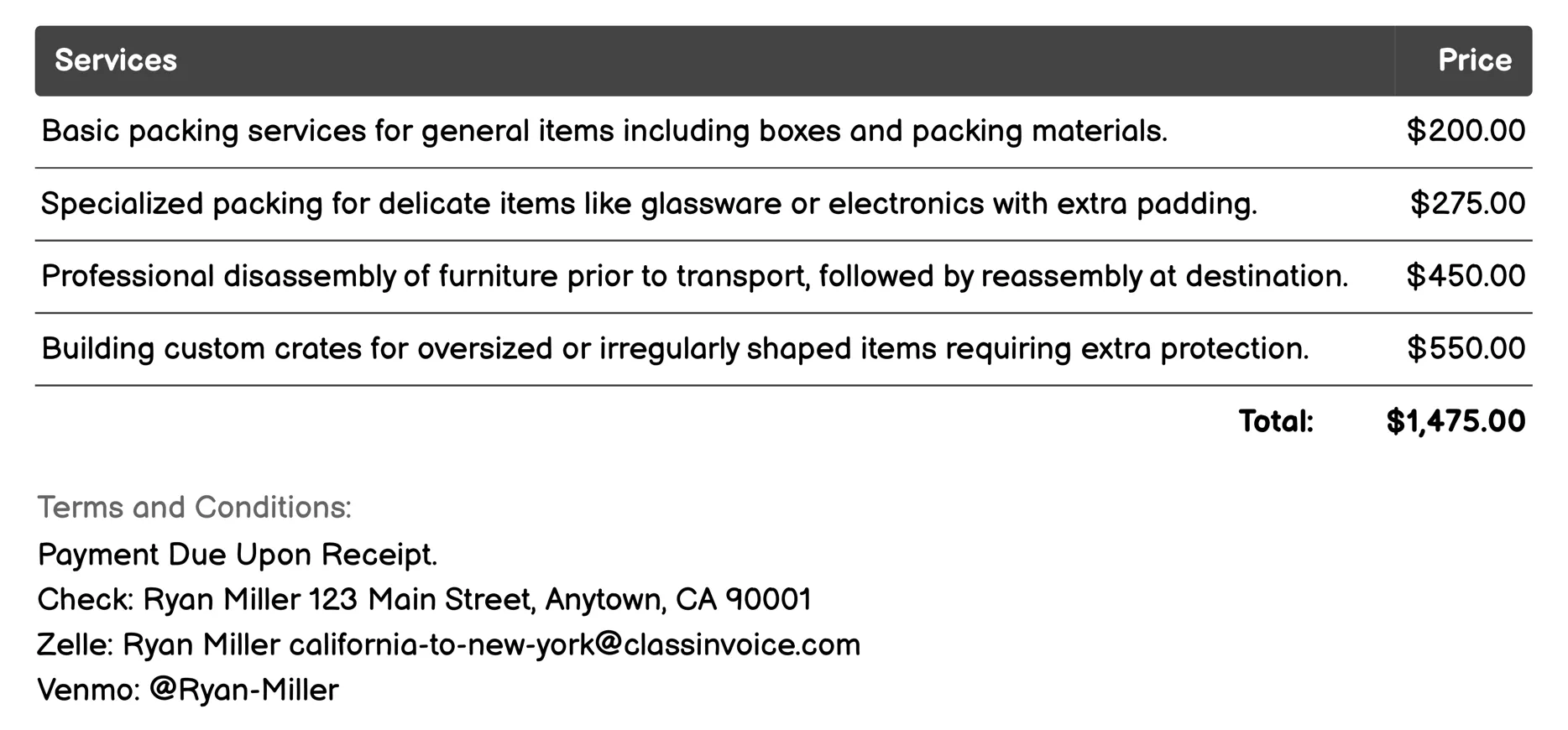 Packing Services Invoice Example