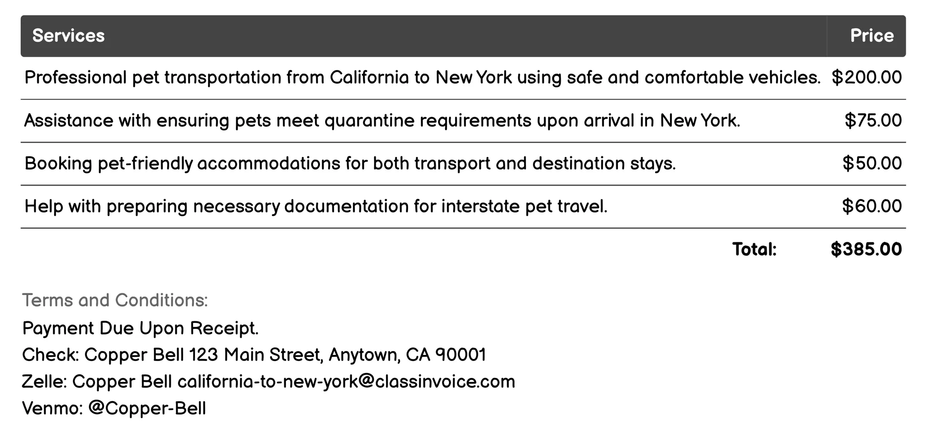 Pet Relocation Assistance Invoice Example