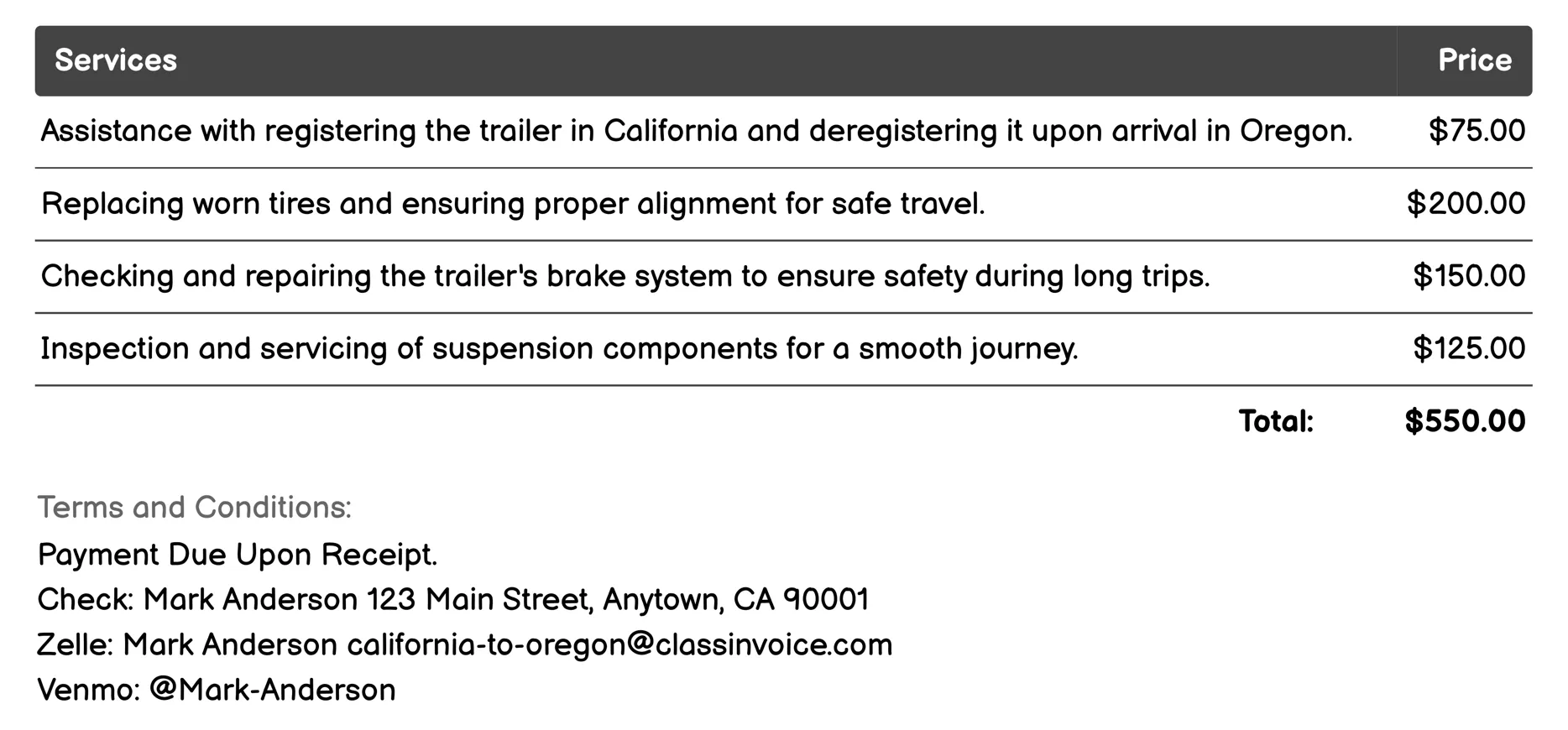 Boat Trailers Invoice Example
