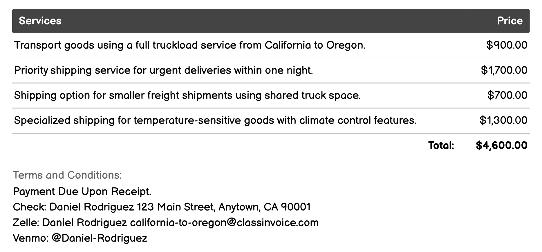 Interstate Shipping Invoice Example