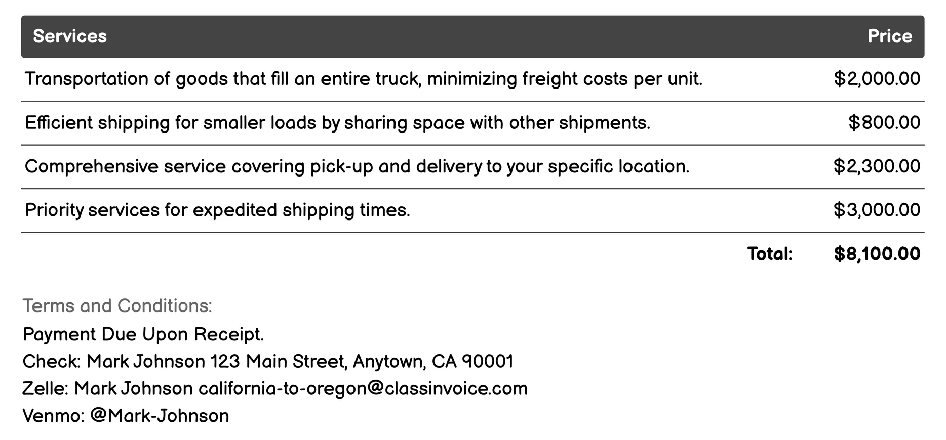 Truck Shipping Services Invoice Example