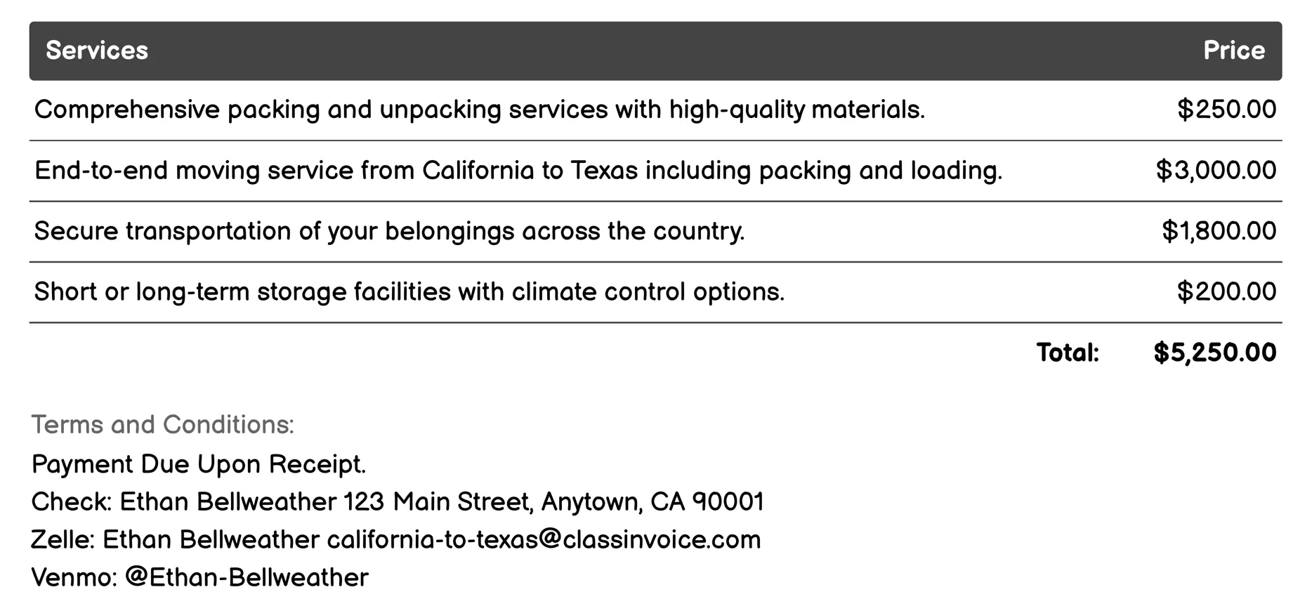 Customized Moving Plans Invoice Example
