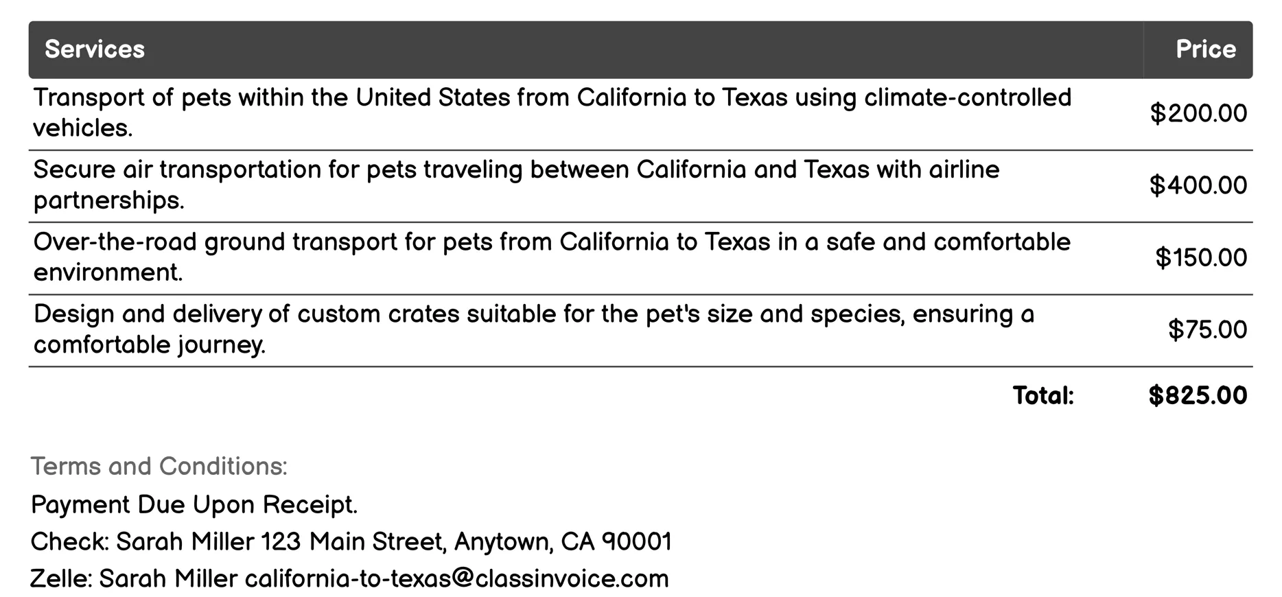 Pet Relocation Services Invoice Example