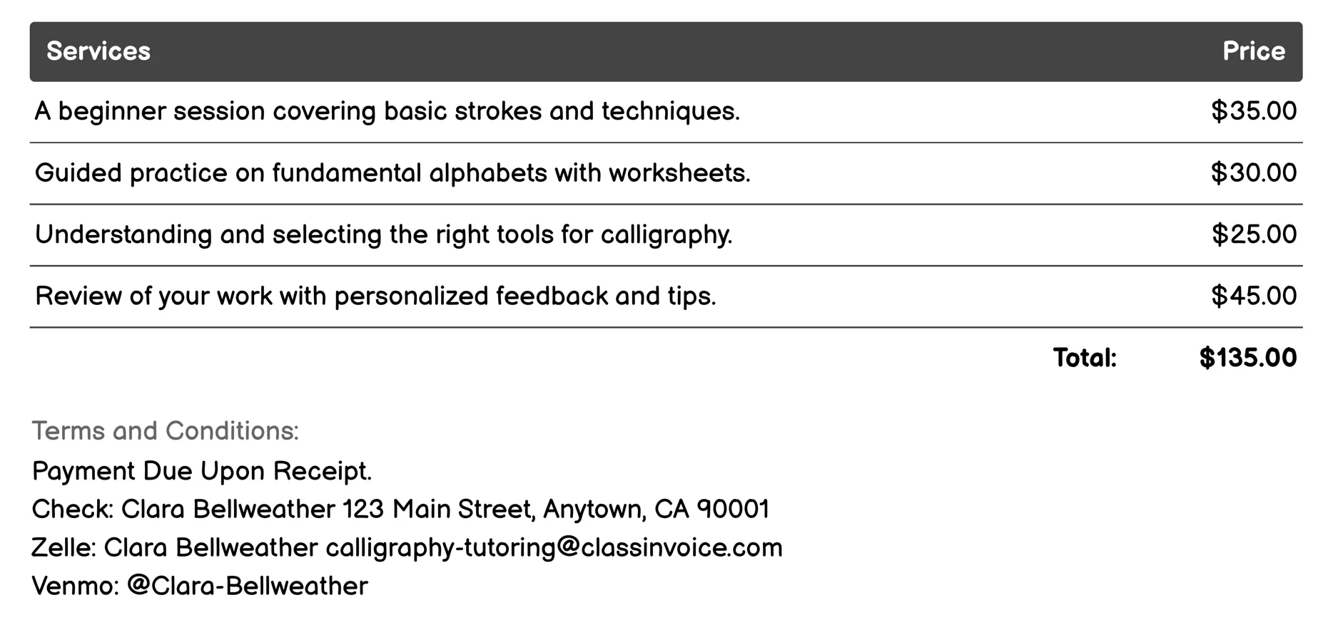 Beginner Calligraphy Invoice Example