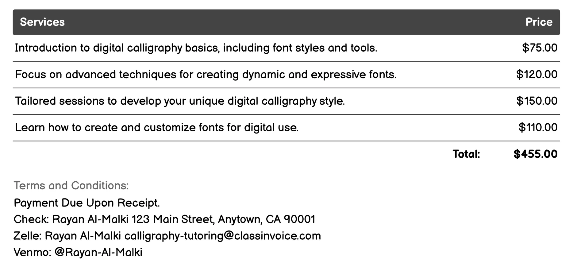 Calligraphy in Digital Formats Invoice Example