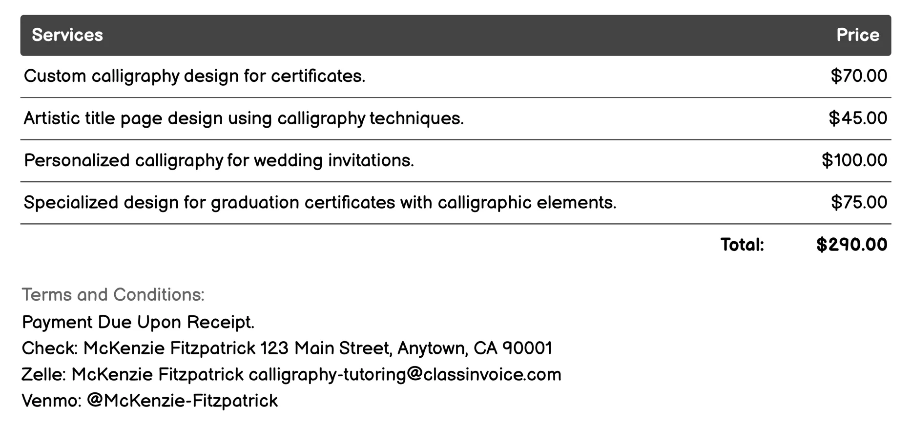 Certificate and Title Page Design Invoice Example