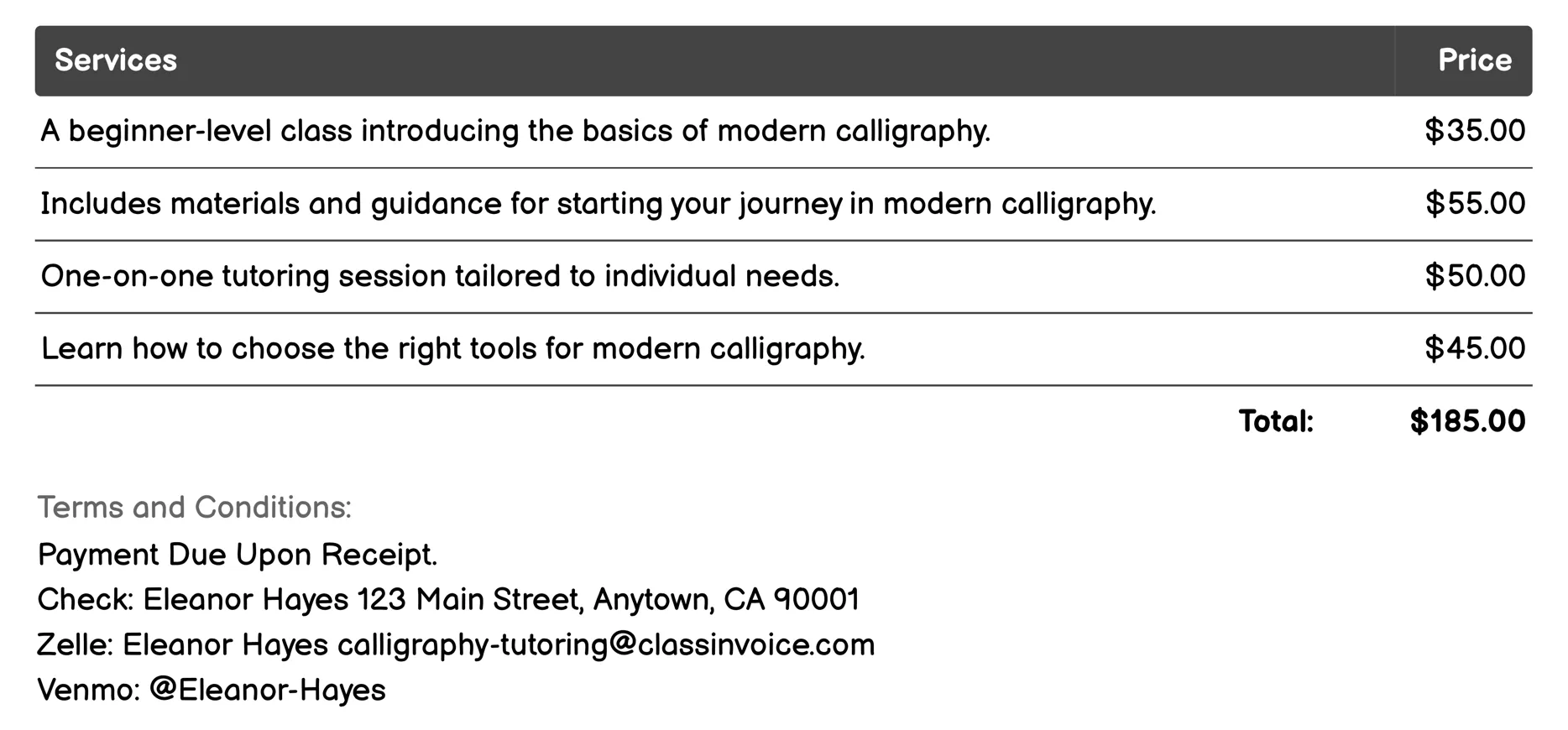 Modern Calligraphy Invoice Example