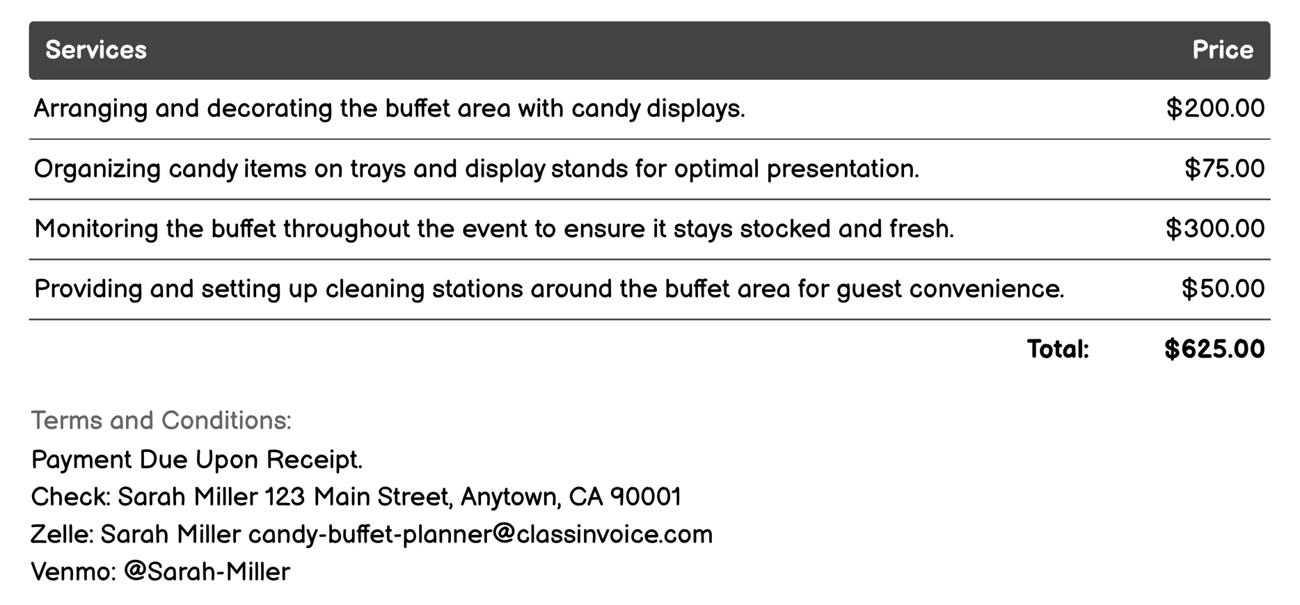 Candy Buffet Cleaning & Takedown Services Invoice Example