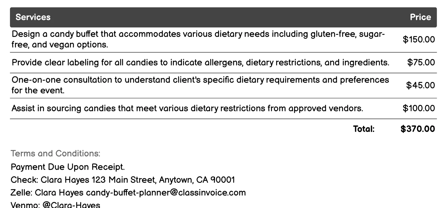 Dietary Accommodations Planning Invoice Example