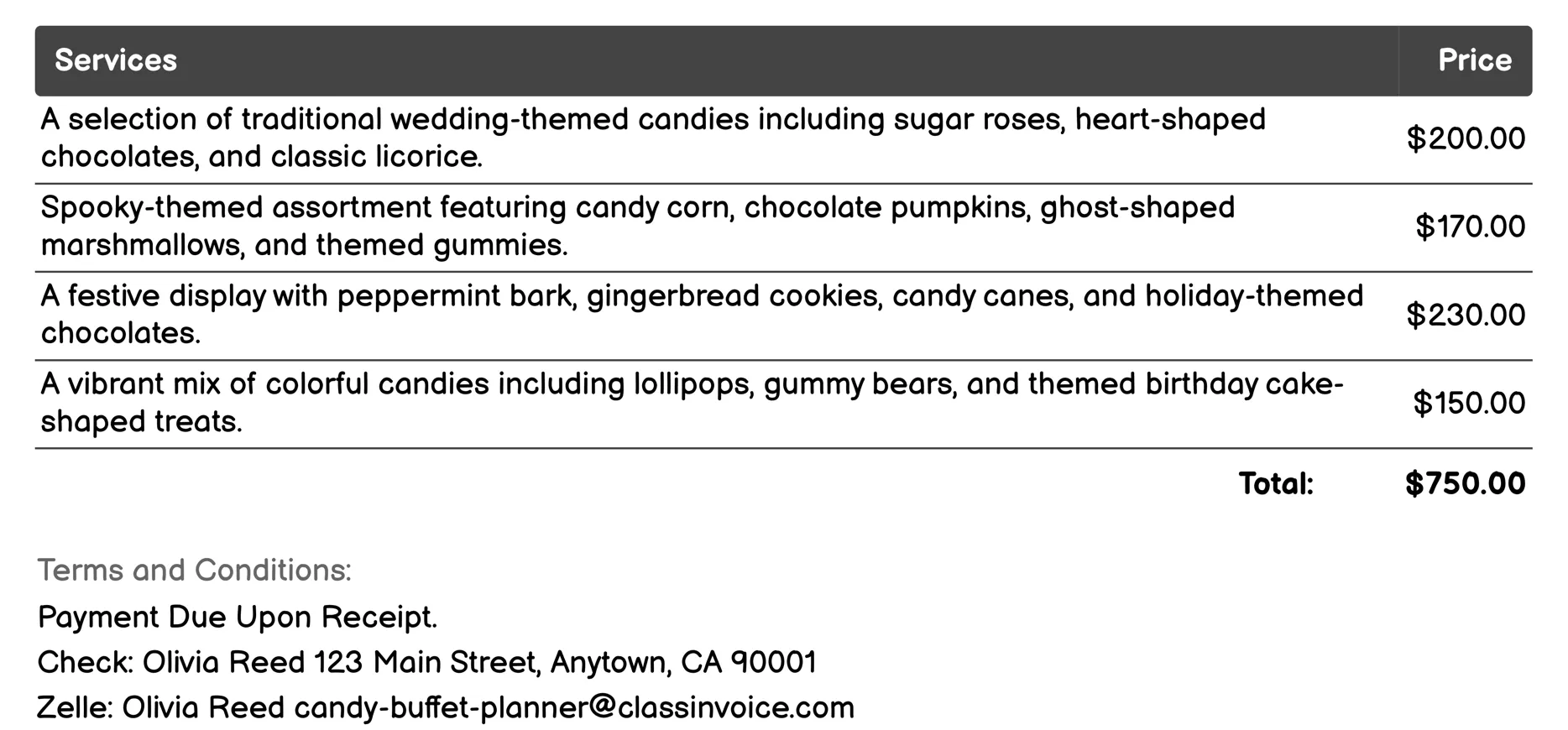 Event-Specific Candy Themes Invoice Example