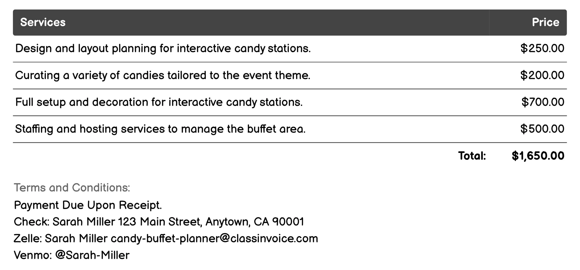 Interactive Candy Stations Invoice Example