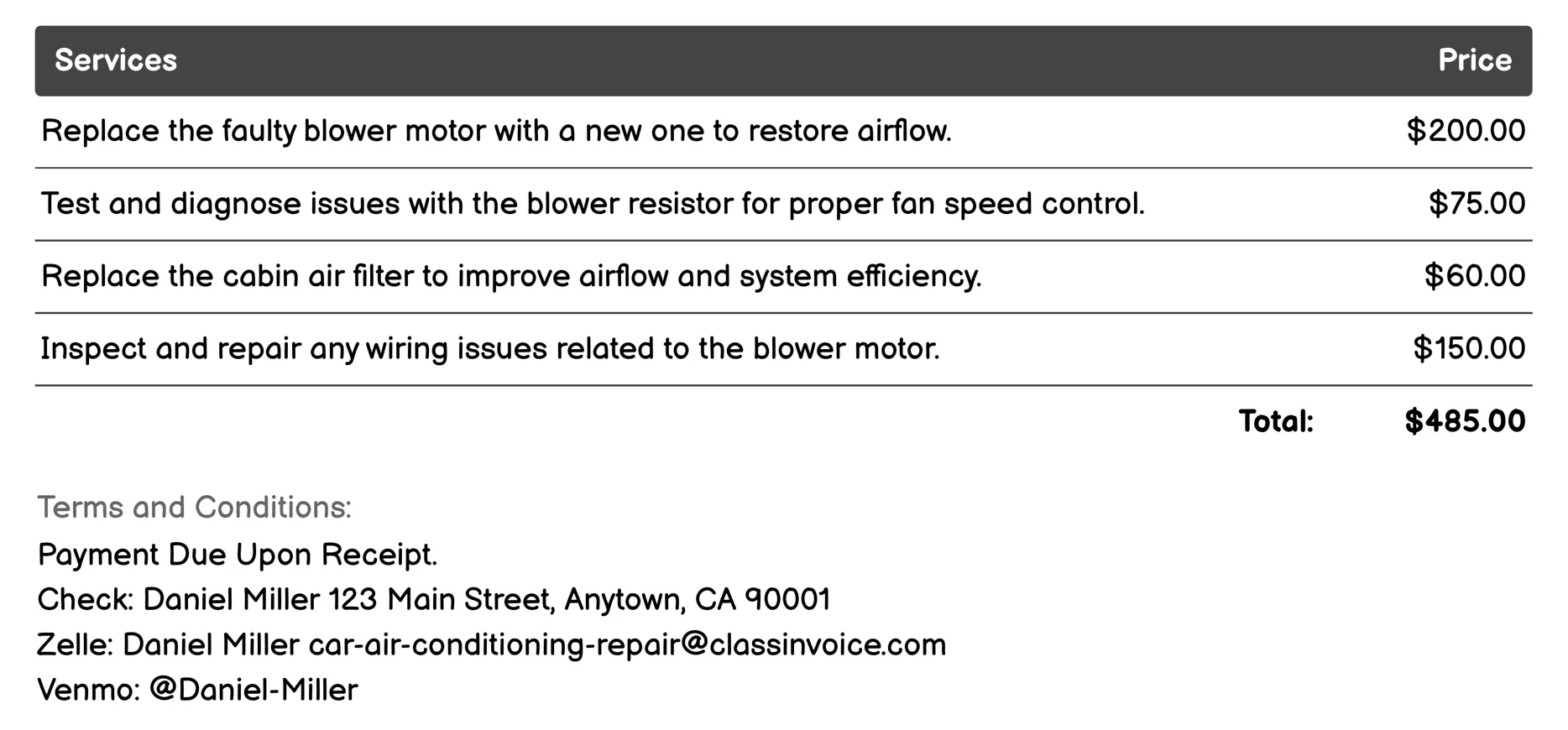 Blower Motor Repair Invoice Example