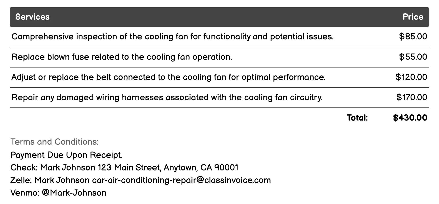 Cooling Fan Repair Invoice Example