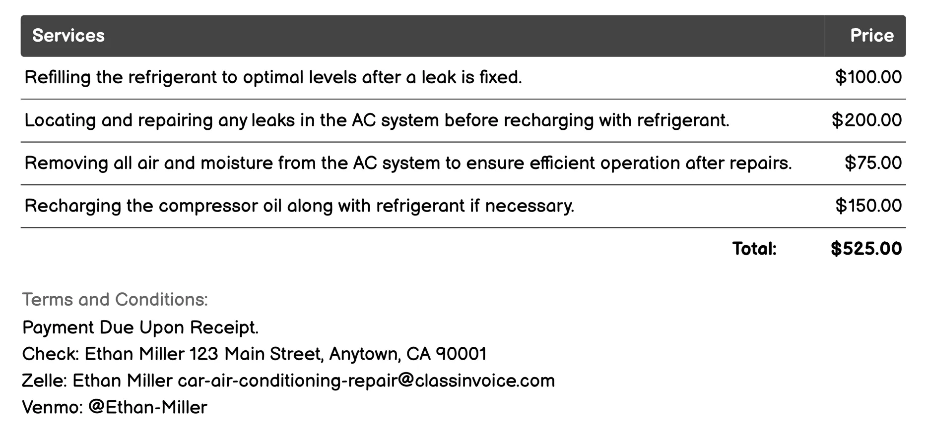 Refrigerant Recharge/Refill Invoice Example