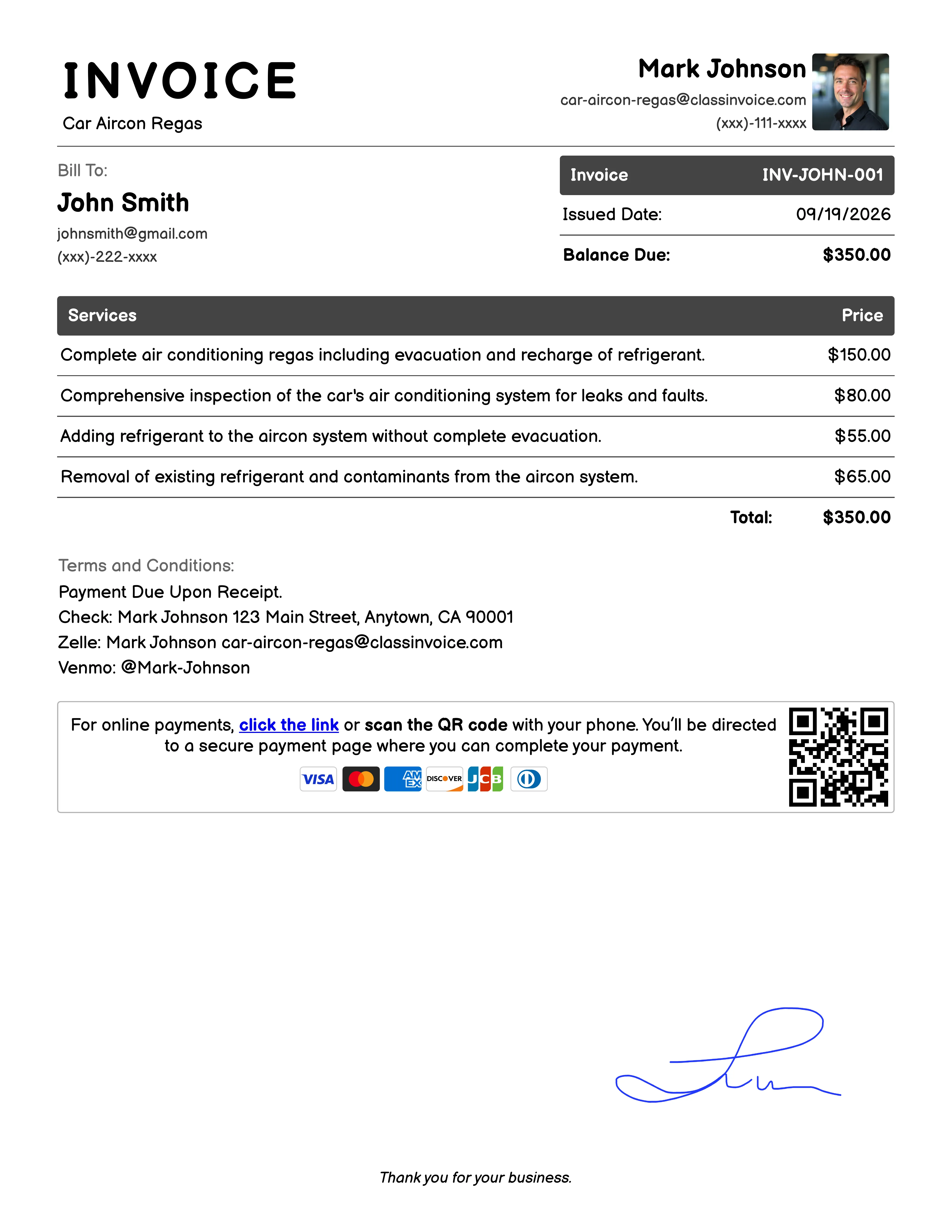 Car Aircon Regas Invoice Example