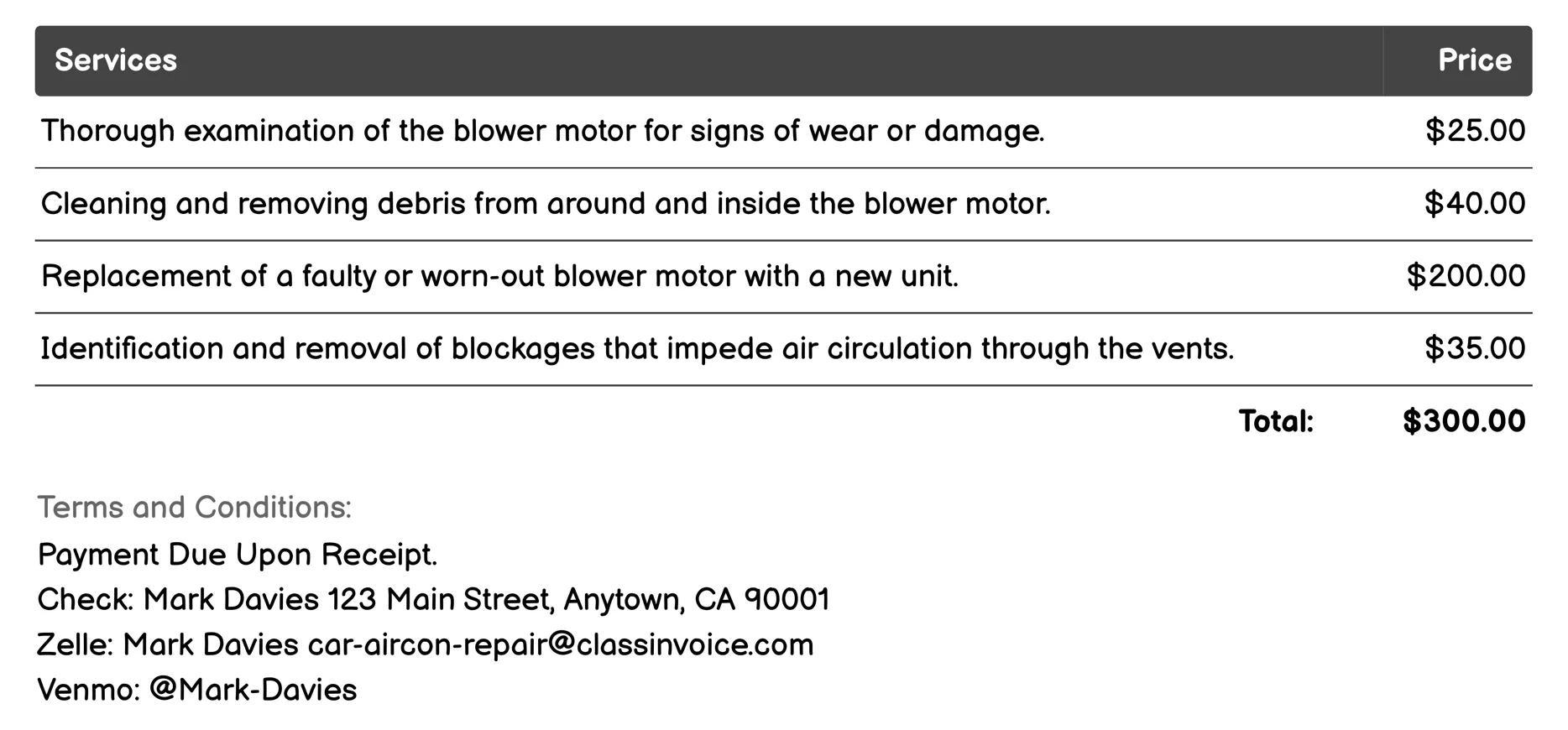 Blower Motor Repair Invoice Example