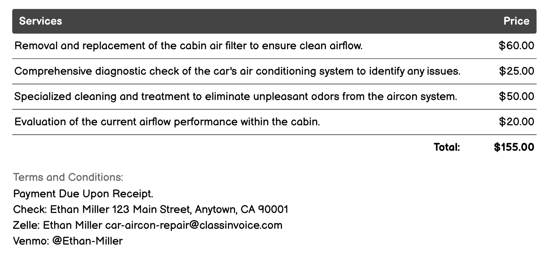 Cabin Filter Replacement Invoice Example