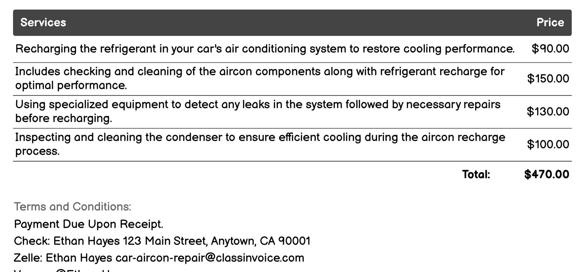 Refrigerant Recharge Invoice Example