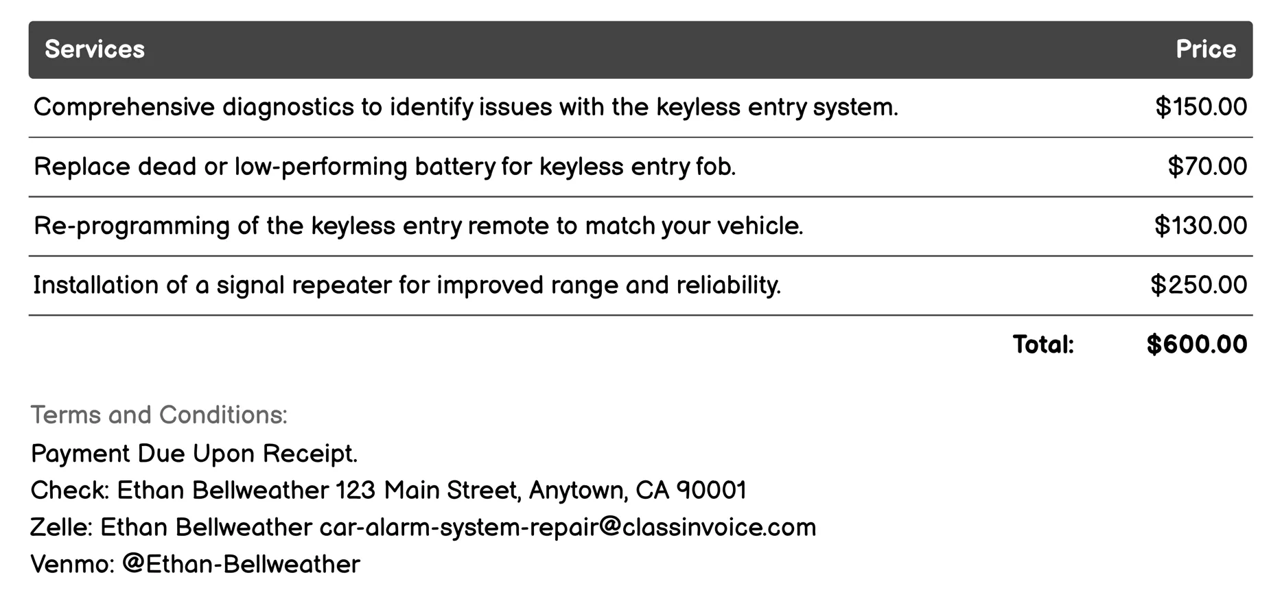 Keyless Entry System Repair Invoice Example