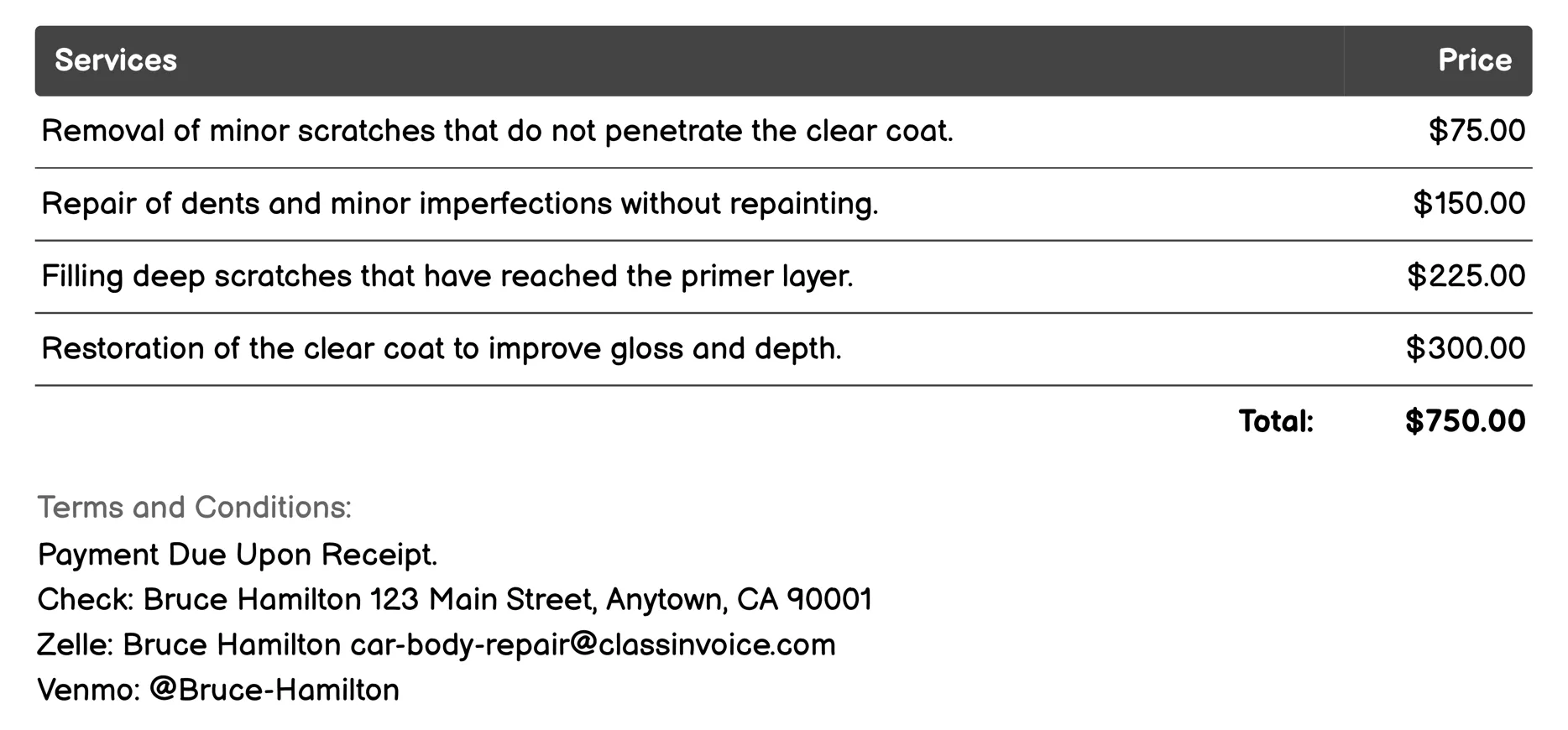 Scratch Removal Invoice Example