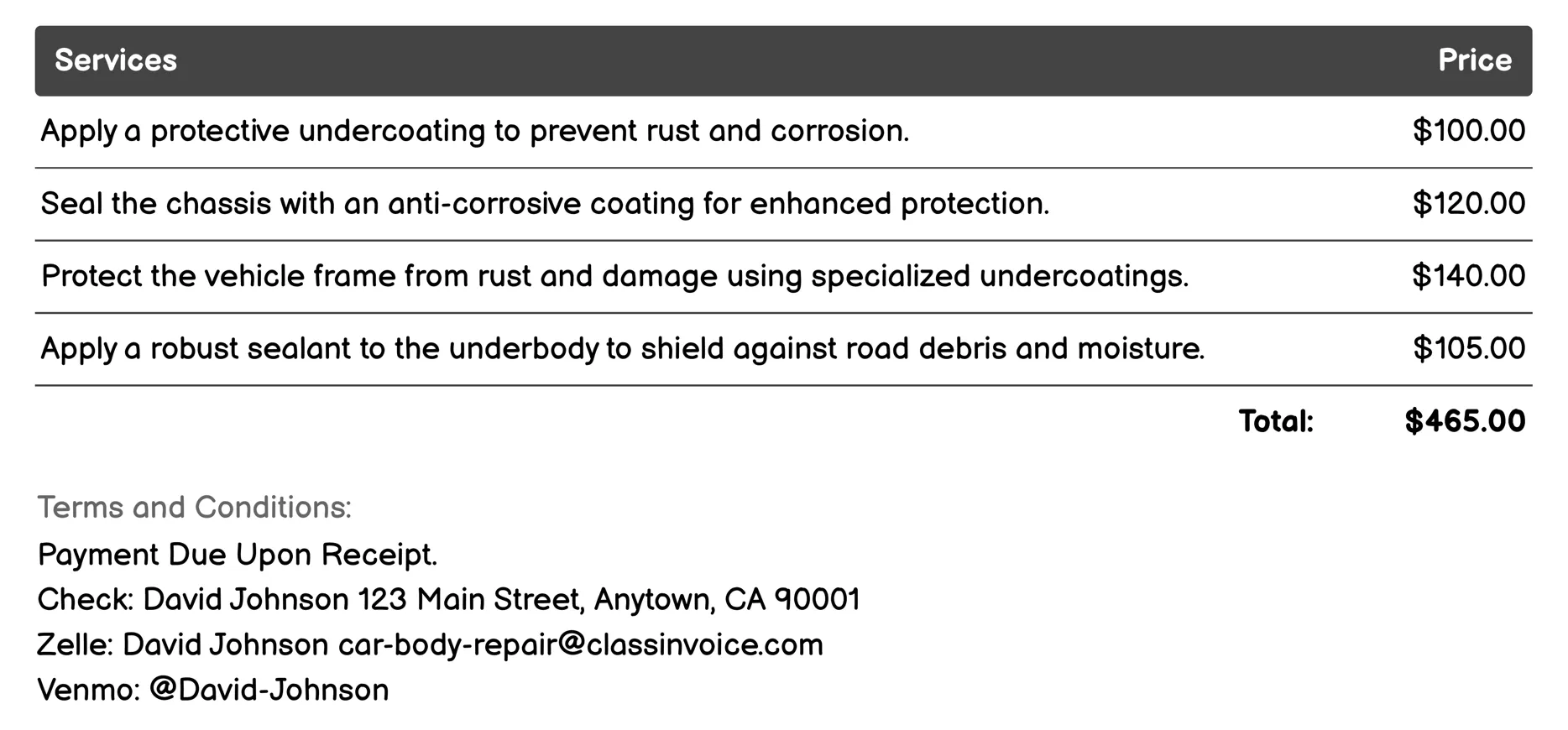 Undercoating Services Invoice Example