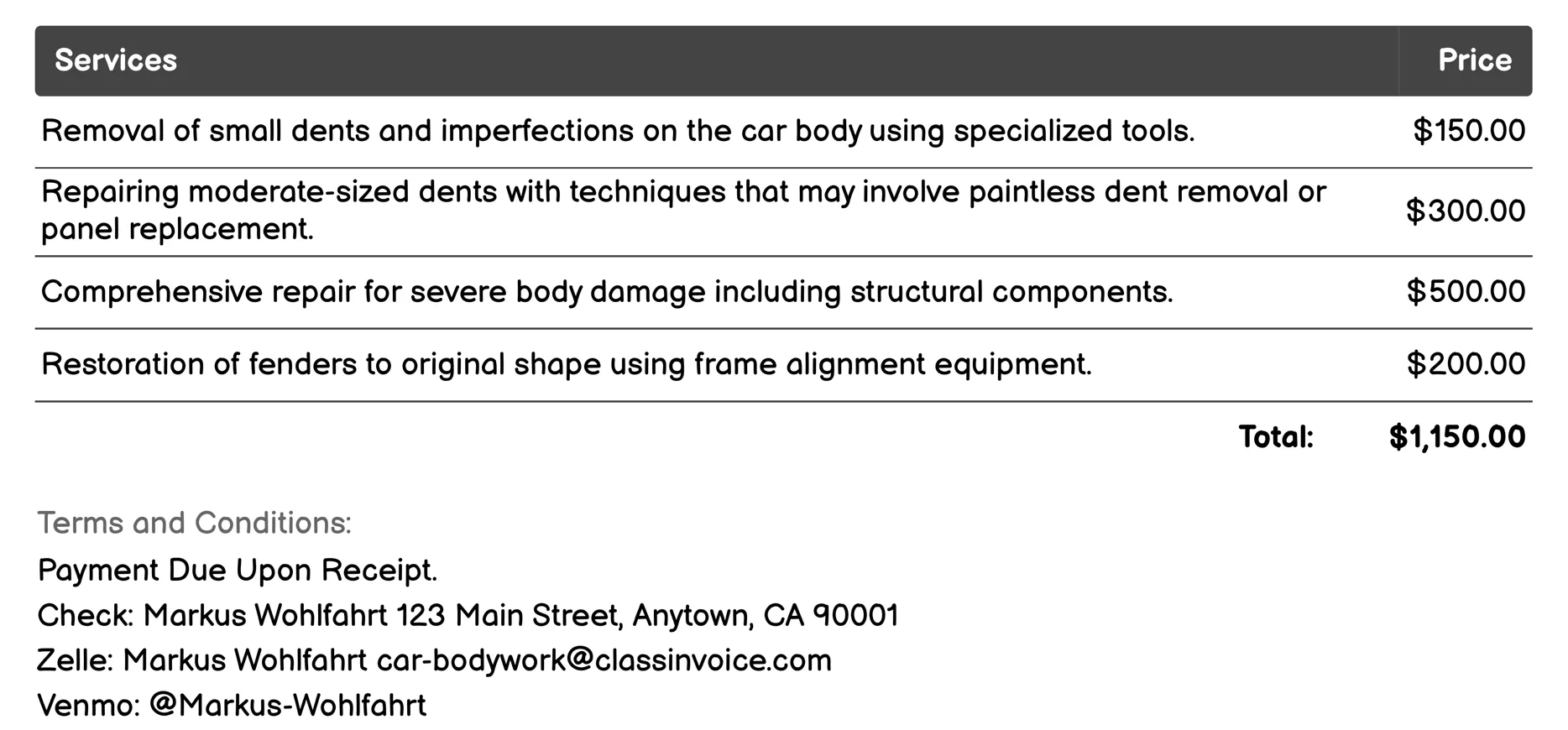 Frame Straightening Invoice Example