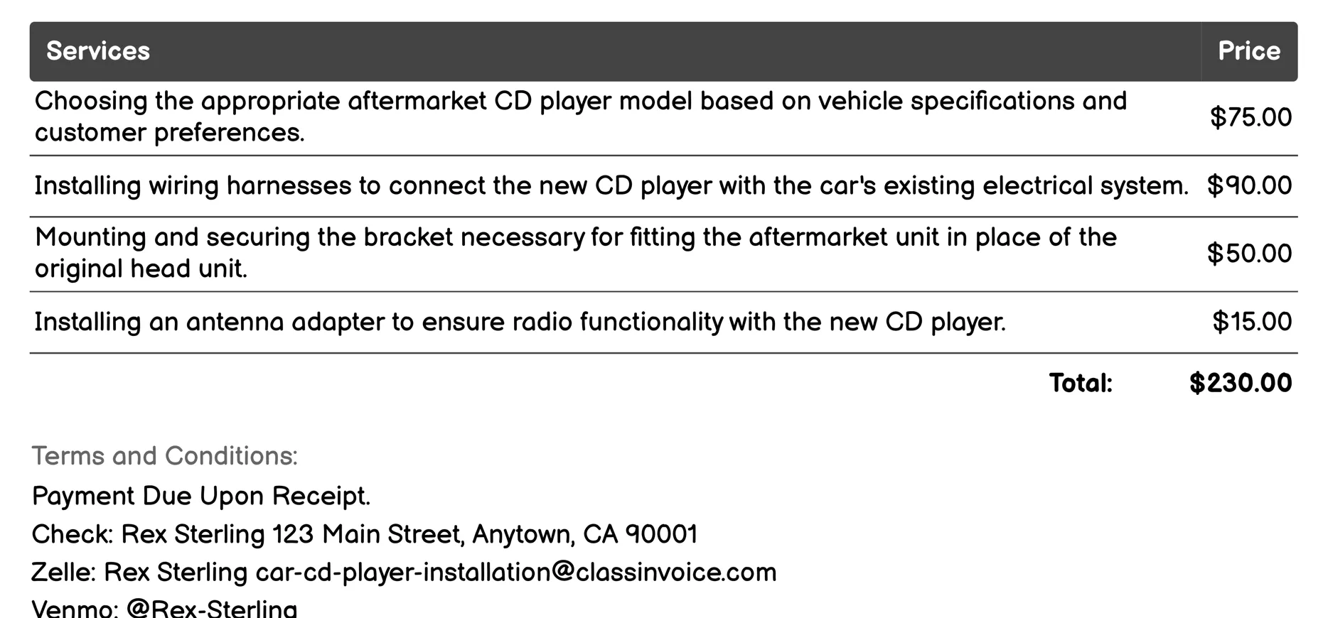 Aftermarket CD Player Retrofitting Invoice Example