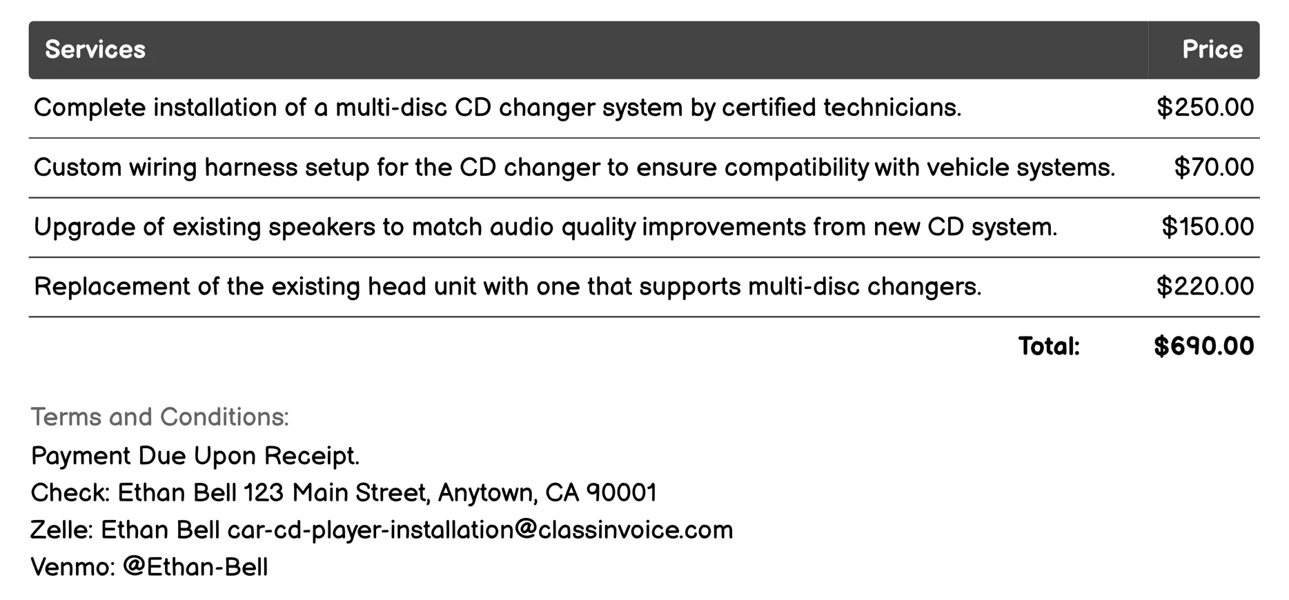 Multi-Disc CD Changer System Invoice Example