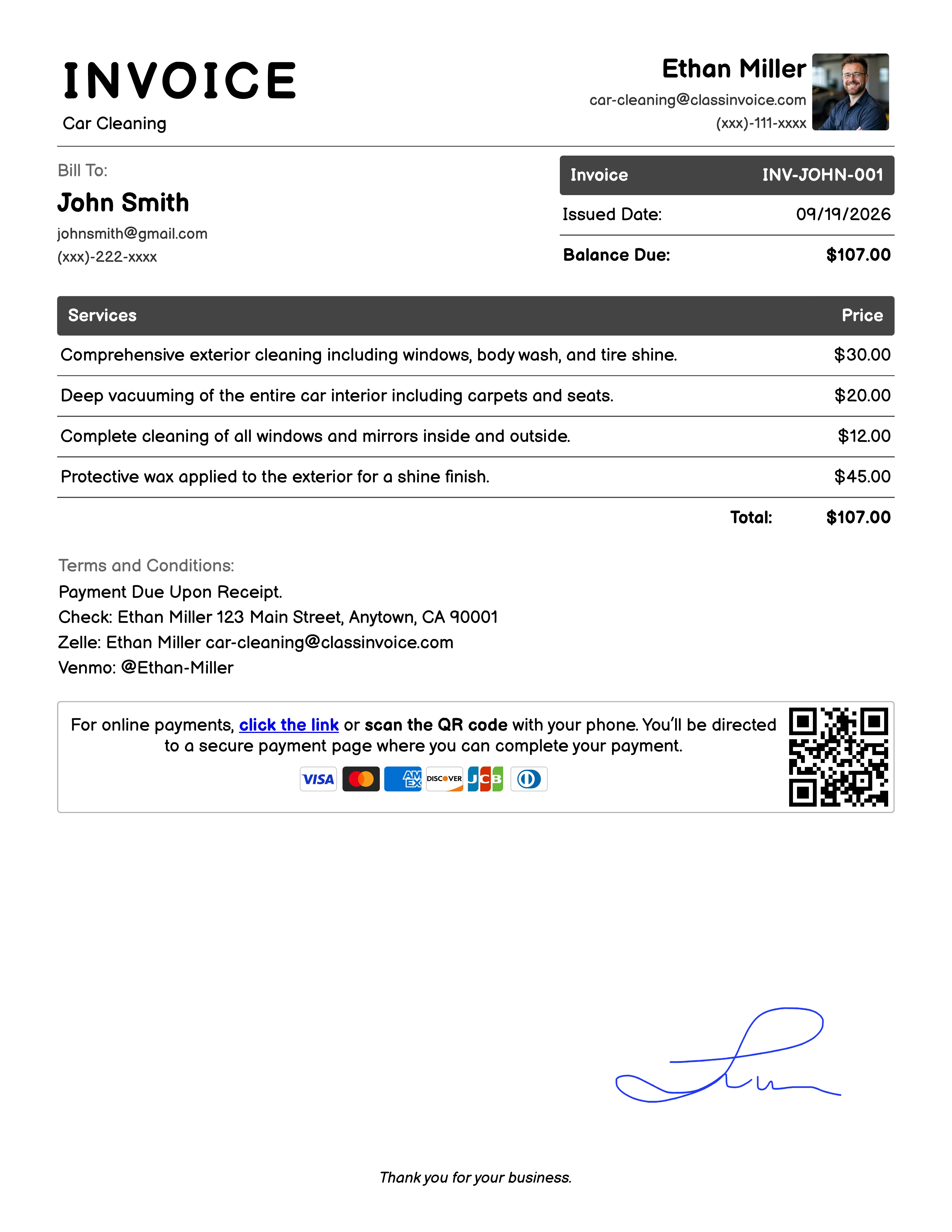 Car Cleaning Invoice Example