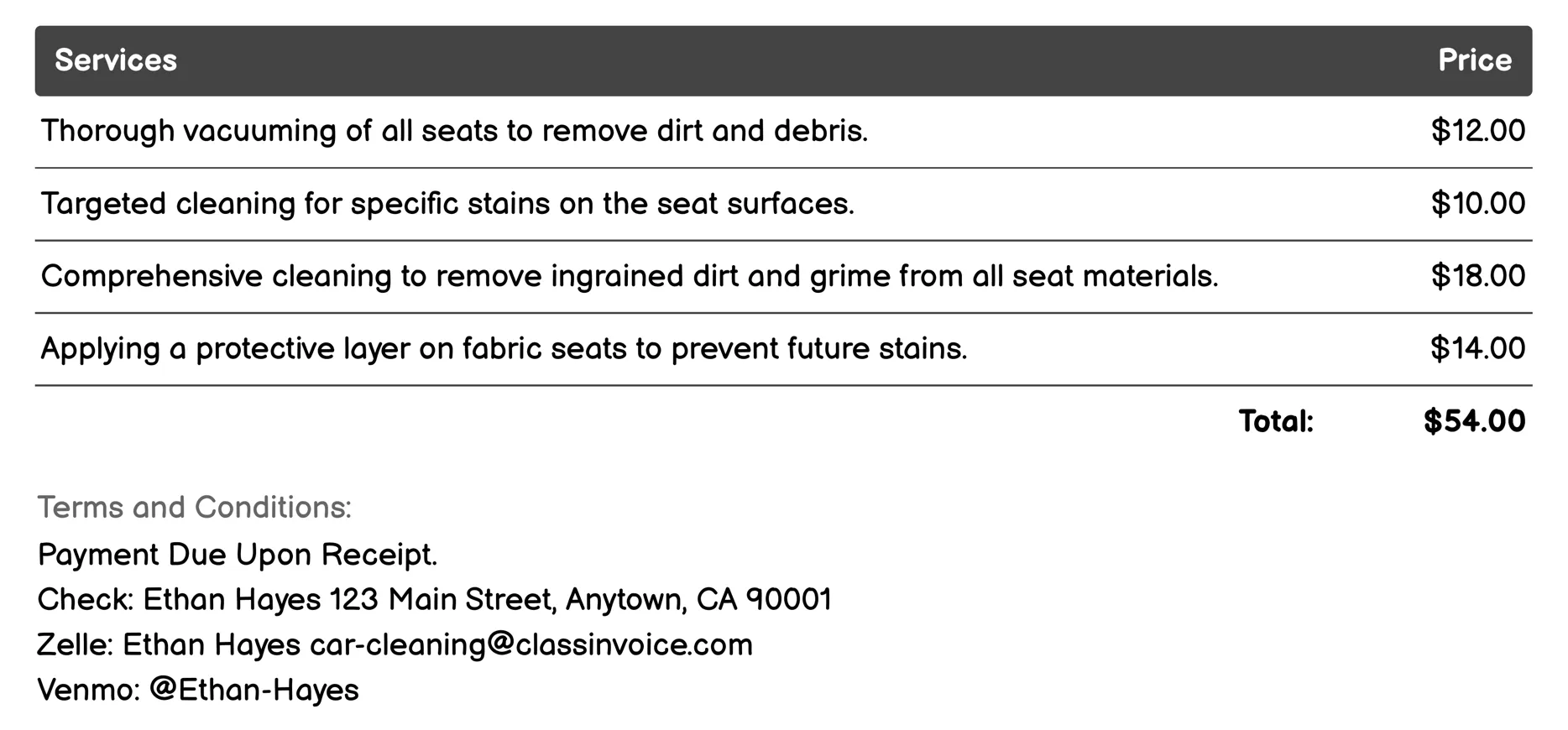 Seat Cleaning and Conditioning Invoice Example