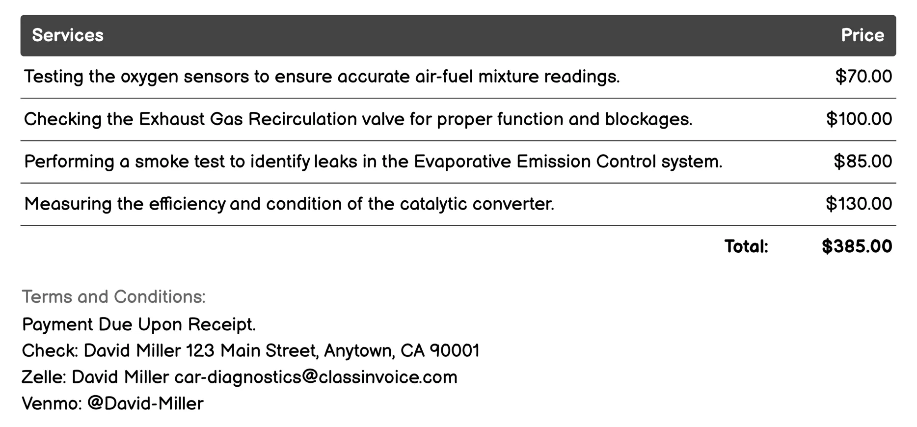 Emission Control System Testing Invoice Example