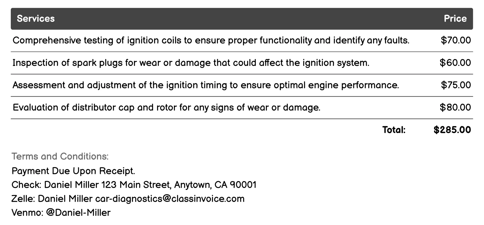 Ignition System Diagnostics Invoice Example