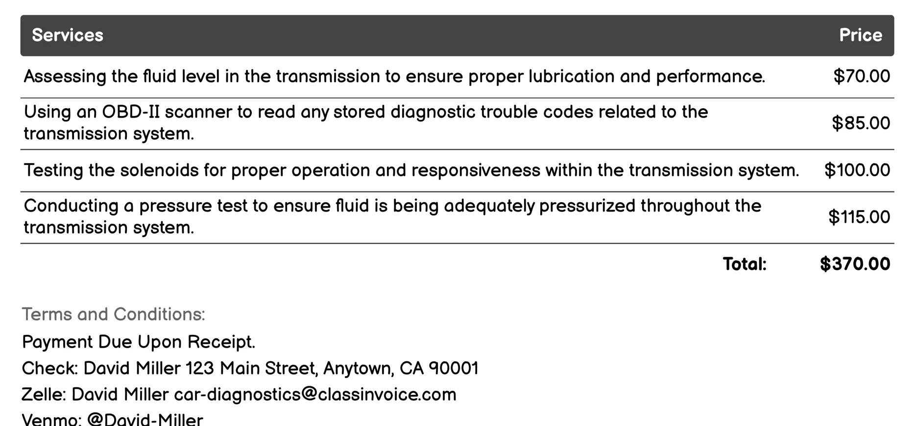 Transmission Diagnostics Invoice Example