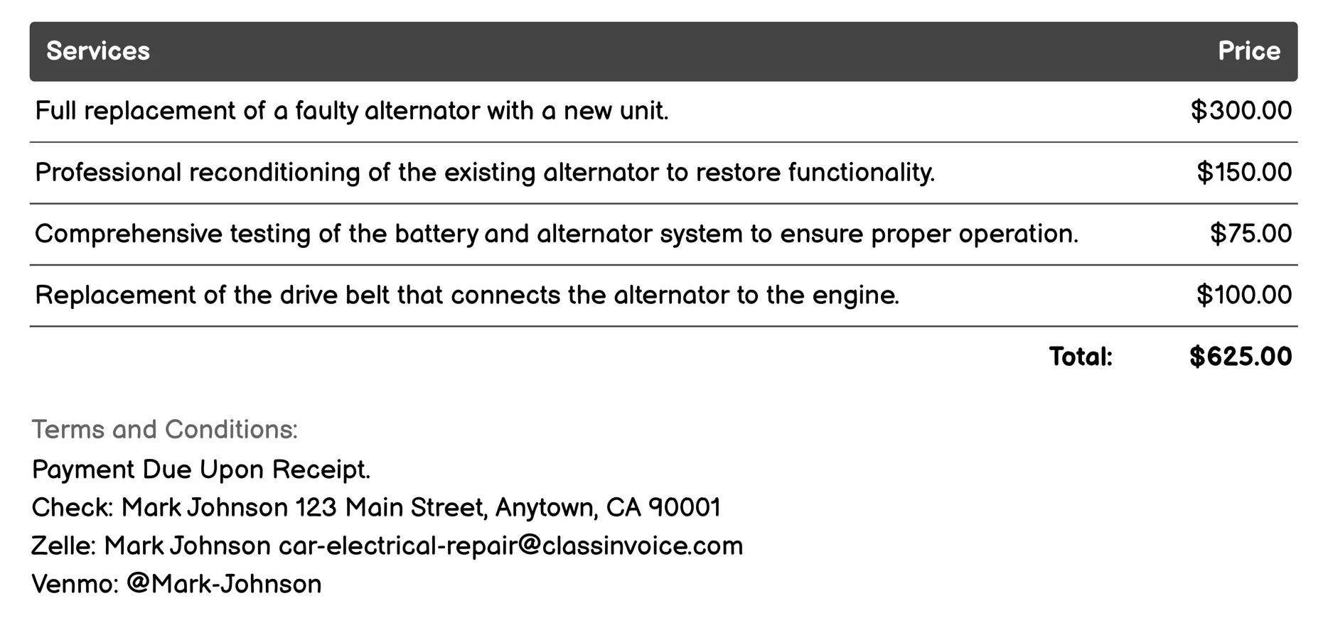 Alternator Repair/Replacement Invoice Example
