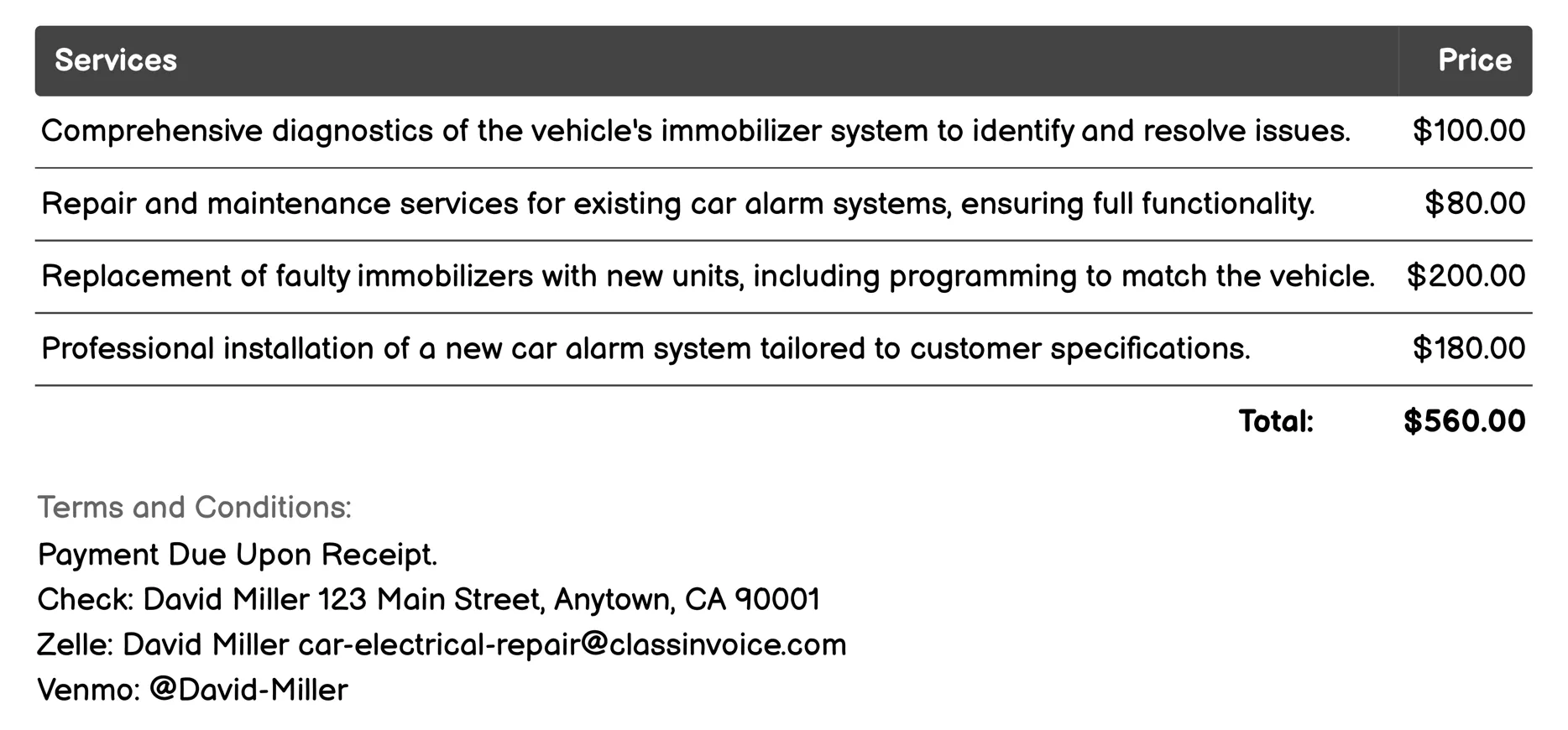Immobilizer and Alarm System Services Invoice Example
