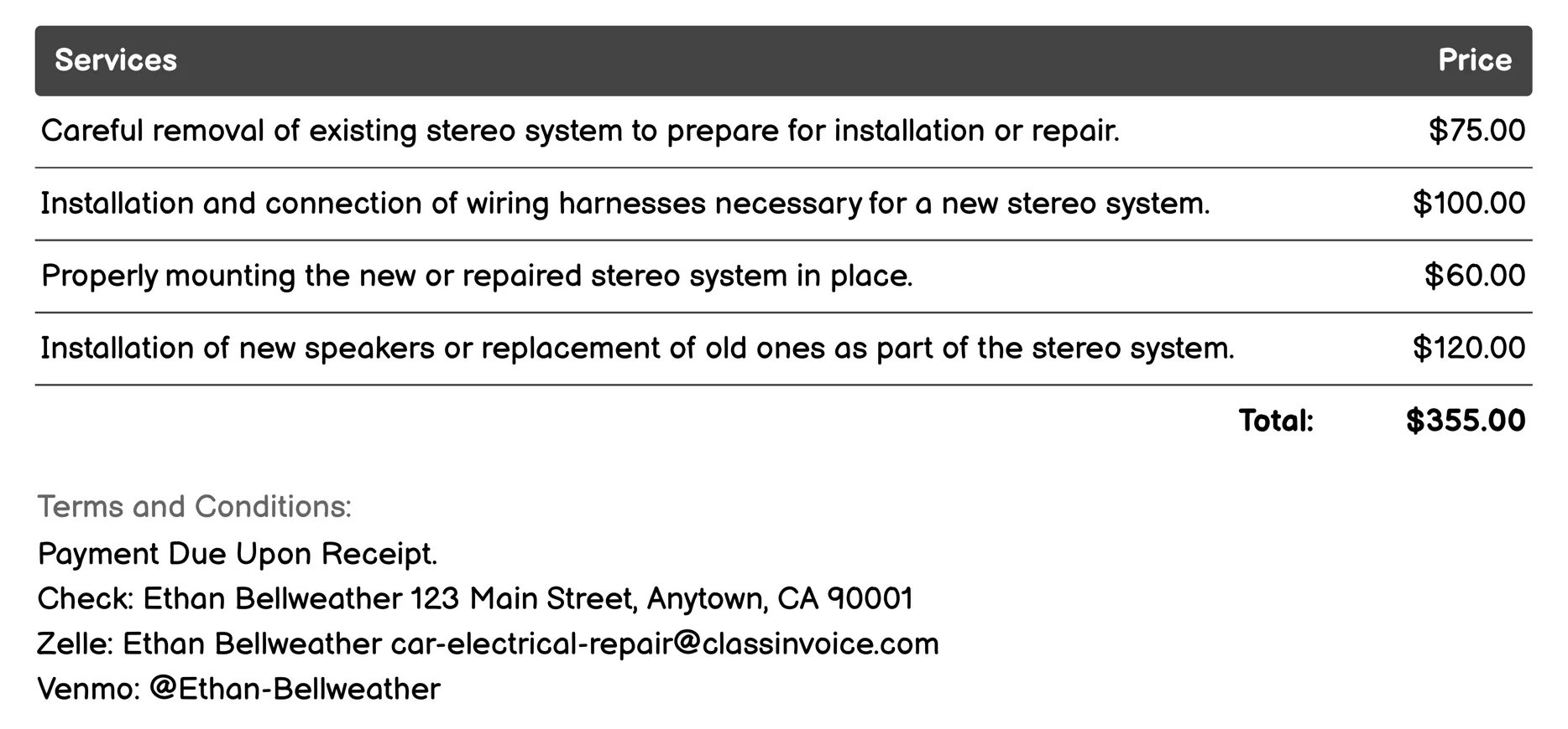 Stereo System Installation/Repair Invoice Example