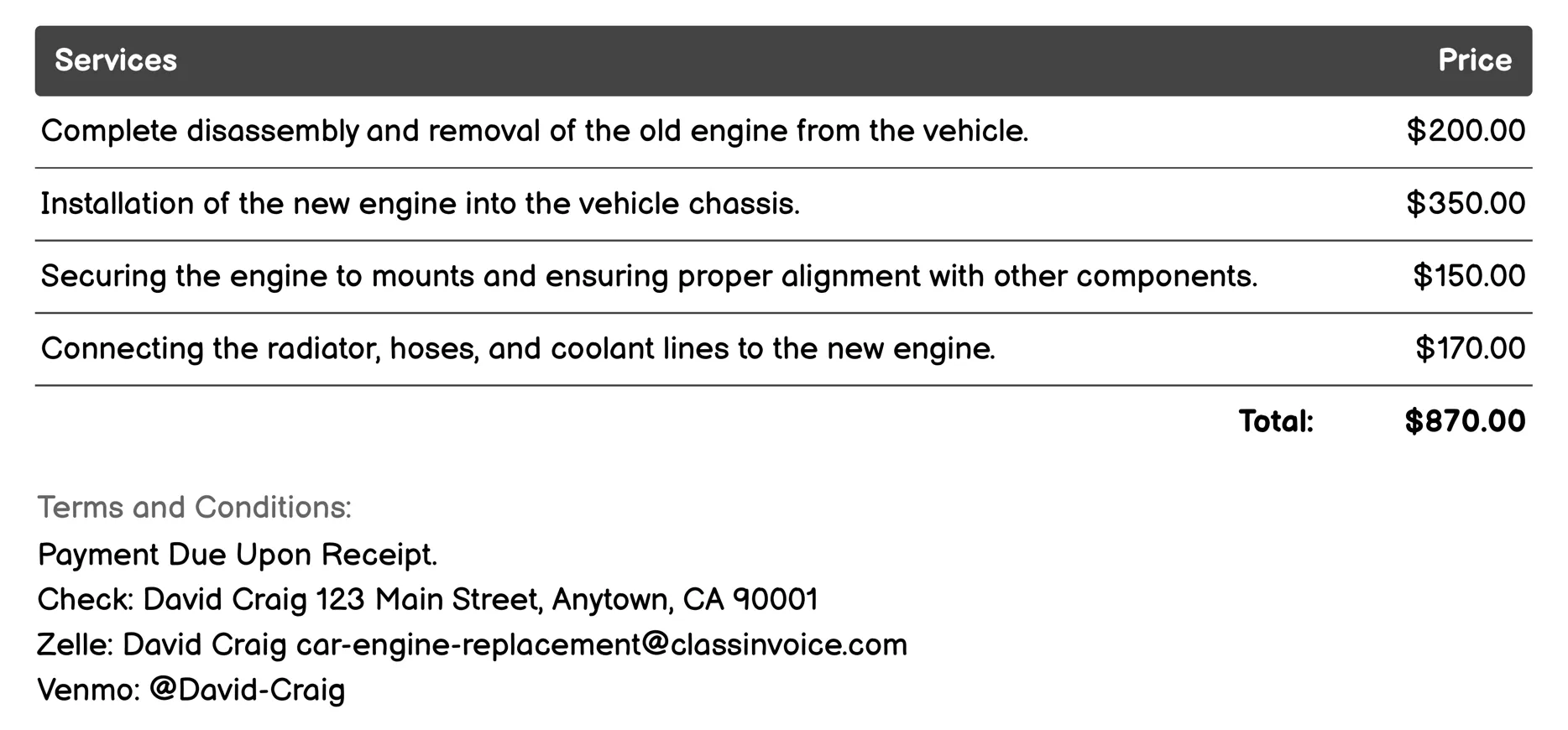 Complete Engine Replacement Invoice Example