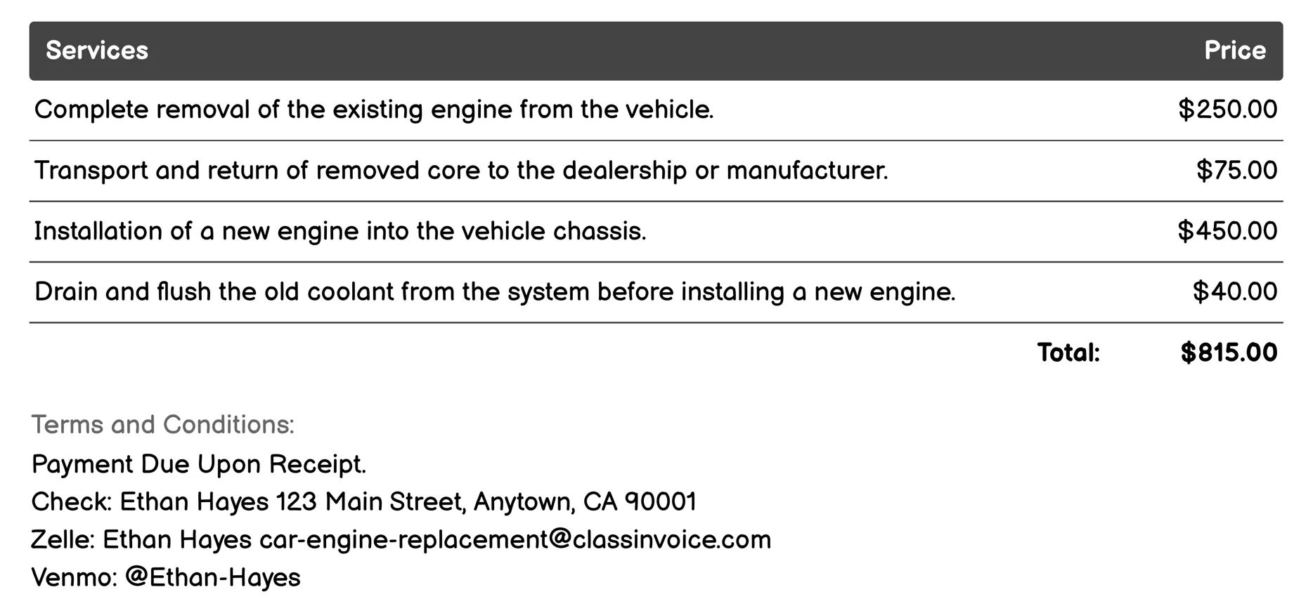 Core Exchange Program Invoice Example
